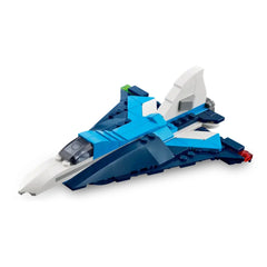 Sleek blue and white LEGO® race plane model featuring a detailed cockpit, moving wheels, and a sharp nose, angled for display.