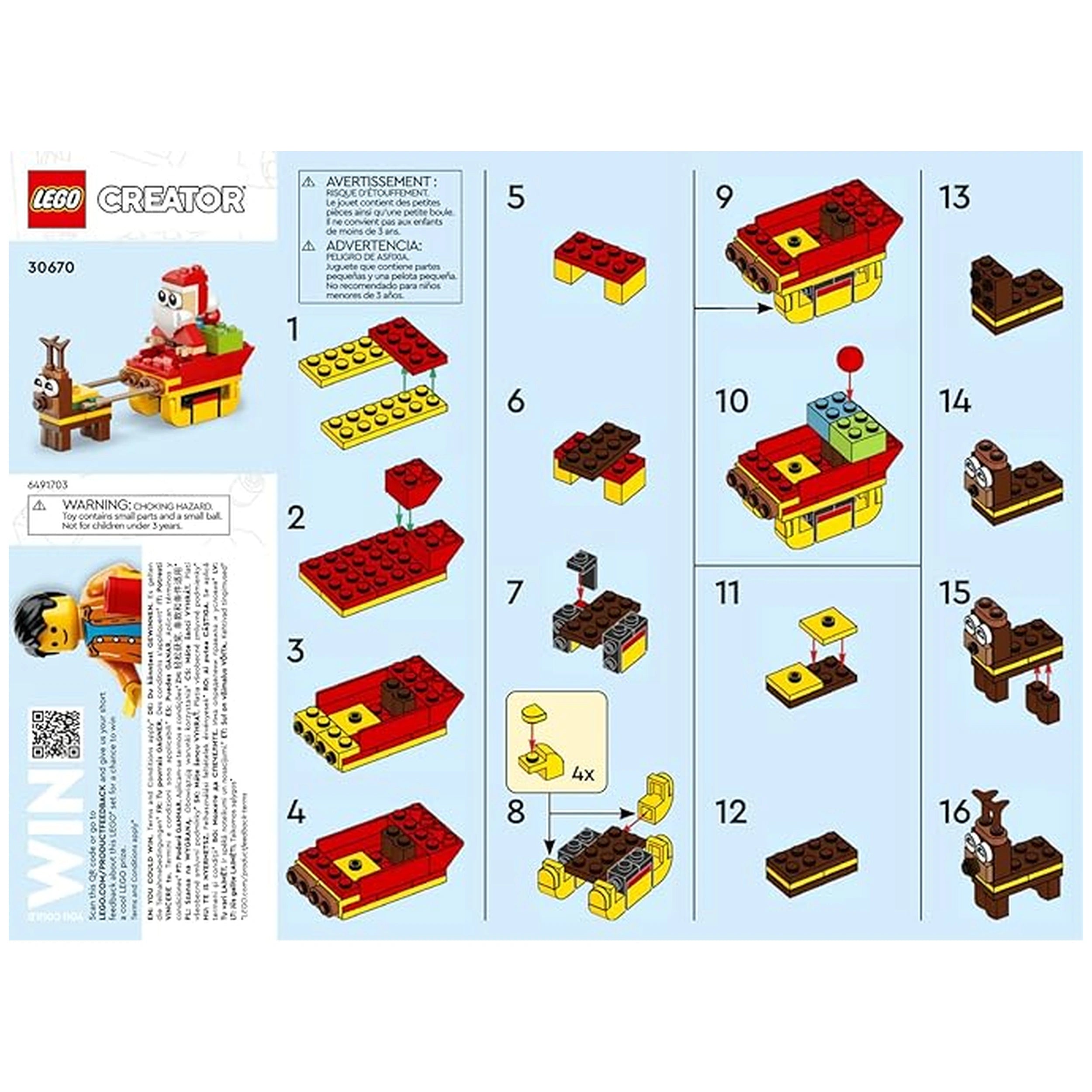 Lego Creator Santa's Sleigh Ride construction set instructions featuring Santa and a reindeer, colorful blocks, and step-by-step assembly details.