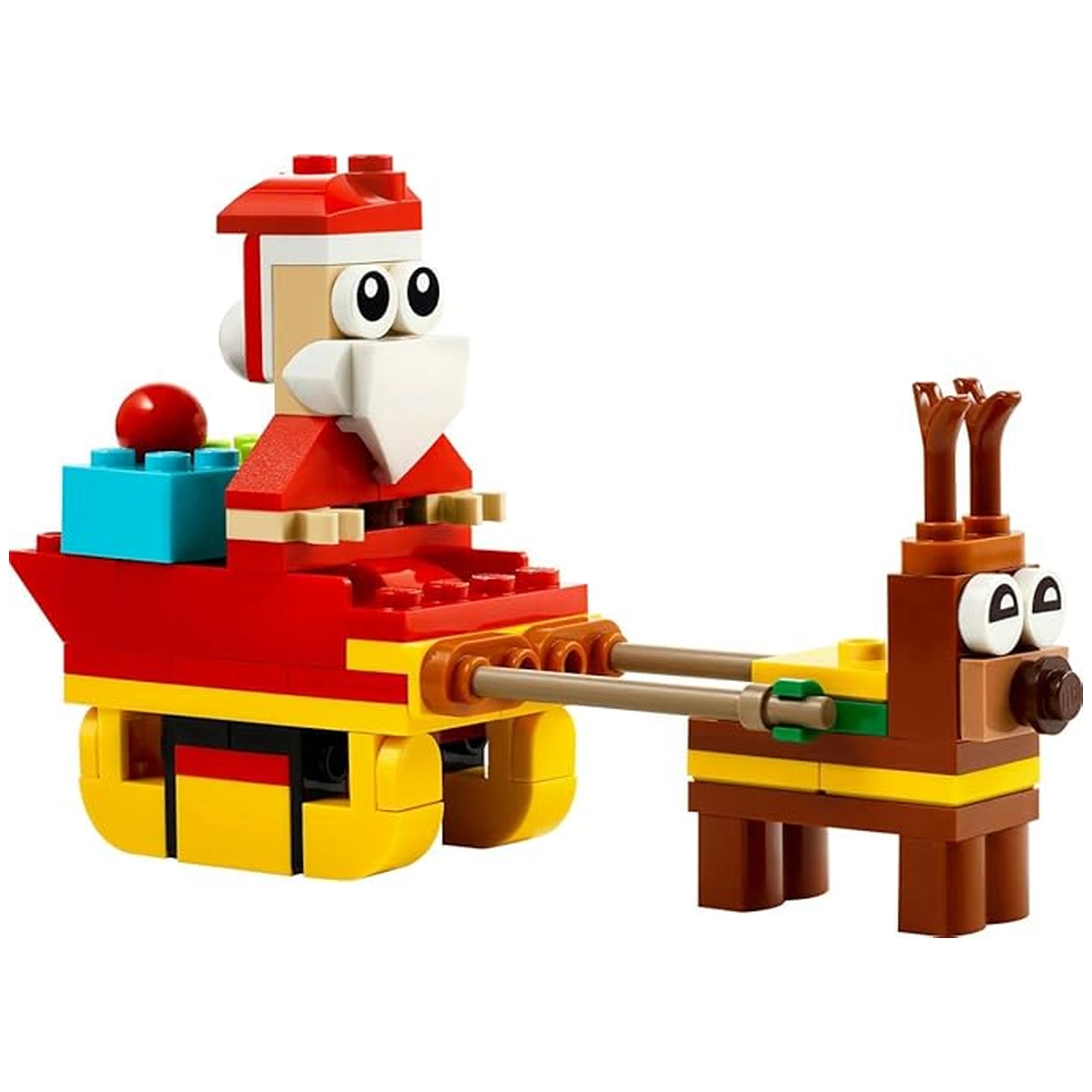 Colorful LEGO construction set featuring Santa in a red sleigh with festive decorations, pulled by a cheerful brown reindeer.