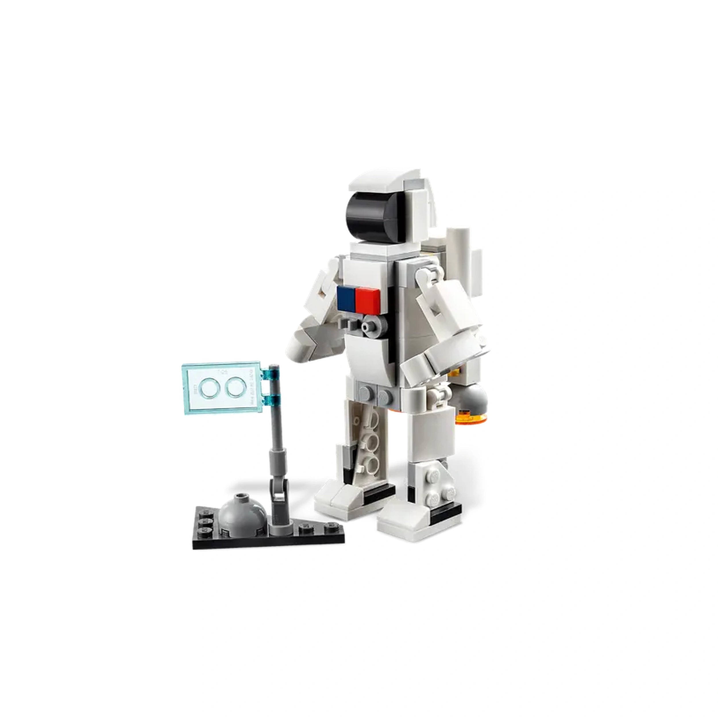 White LEGO astronaut figure standing on a black base, holding a transparent flag and a small globe, featuring a jetpack on its back.