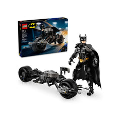LEGO Batman construction figure stands next to the Bat-Pod bike, displayed in front of its colorful packaging.