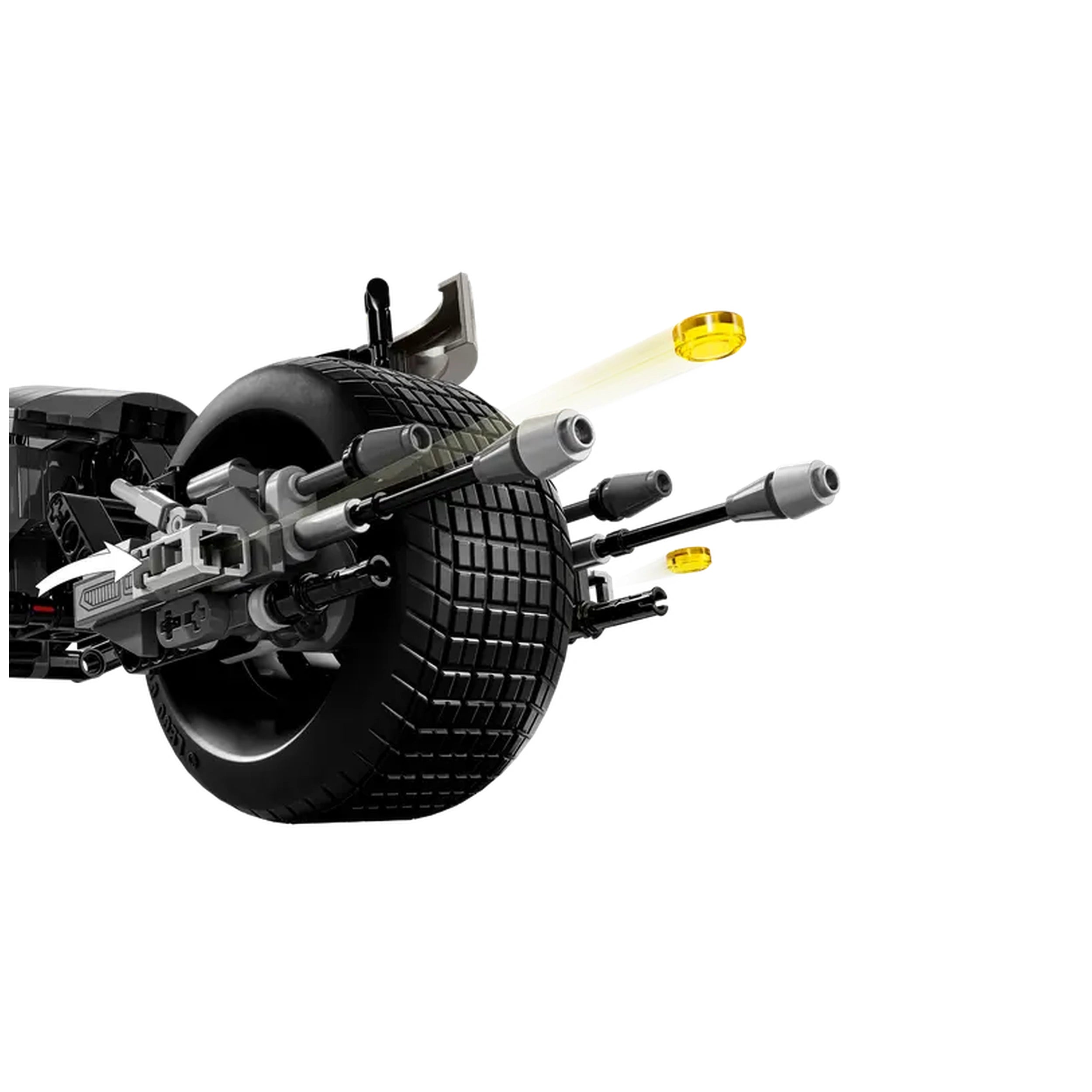 Black rubber tire of the Bat-Pod bike from the LEGO® Batman set, featuring intricate gun details and a yellow projectile being launched.