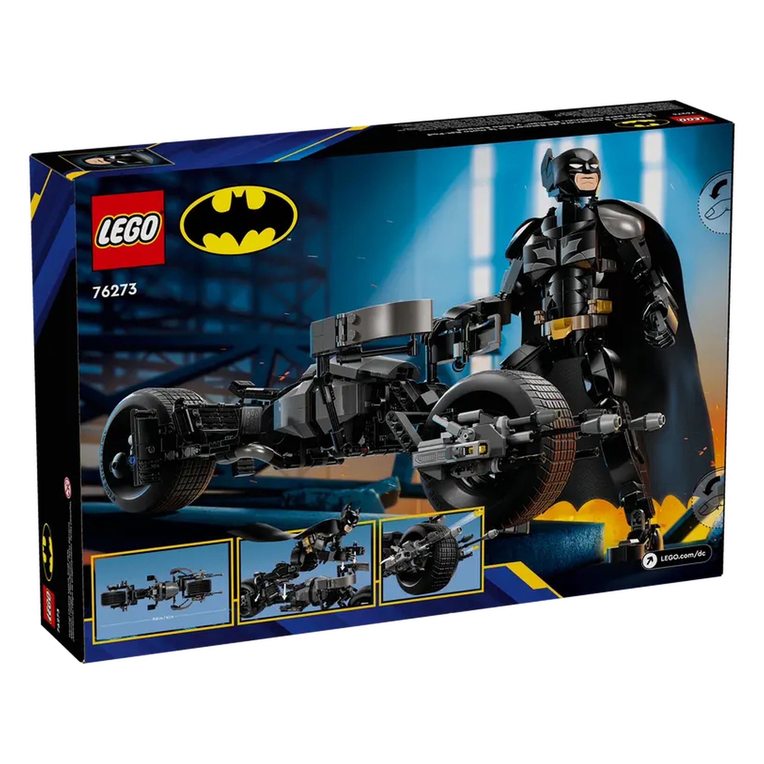 LEGO DC Comics Super Heroes Batman figure stands beside the Bat-Pod bike, showcasing intricate details and dynamic posing ability.