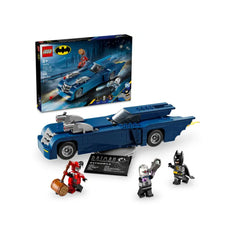 LEGO Batman construction set featuring a blue Batmobile with detachable stud launchers, alongside minifigures of Harley Quinn and Mr. Freeze.