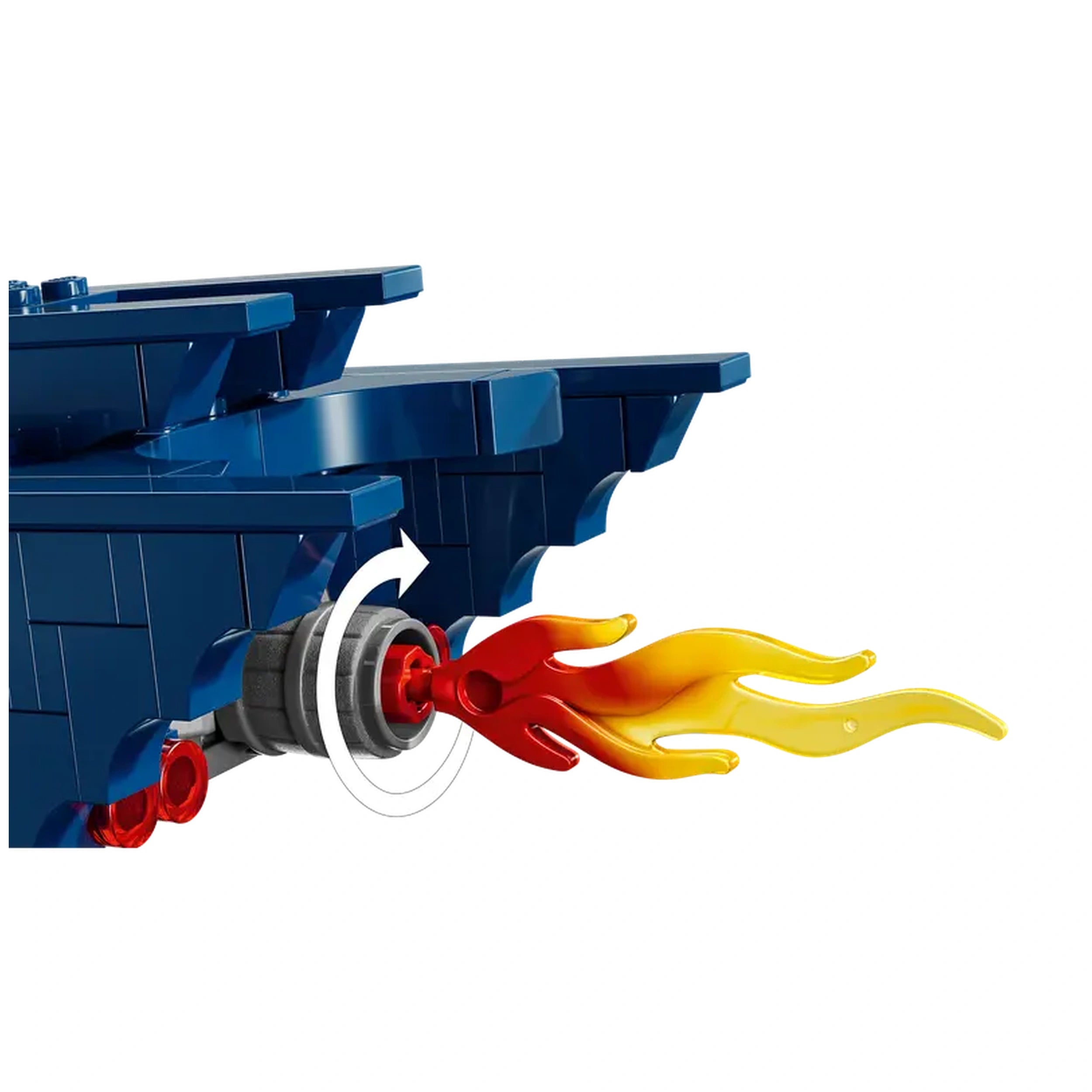 Batmobile exhaust with rotating flame element, showcasing red and yellow flames against a sleek blue background.