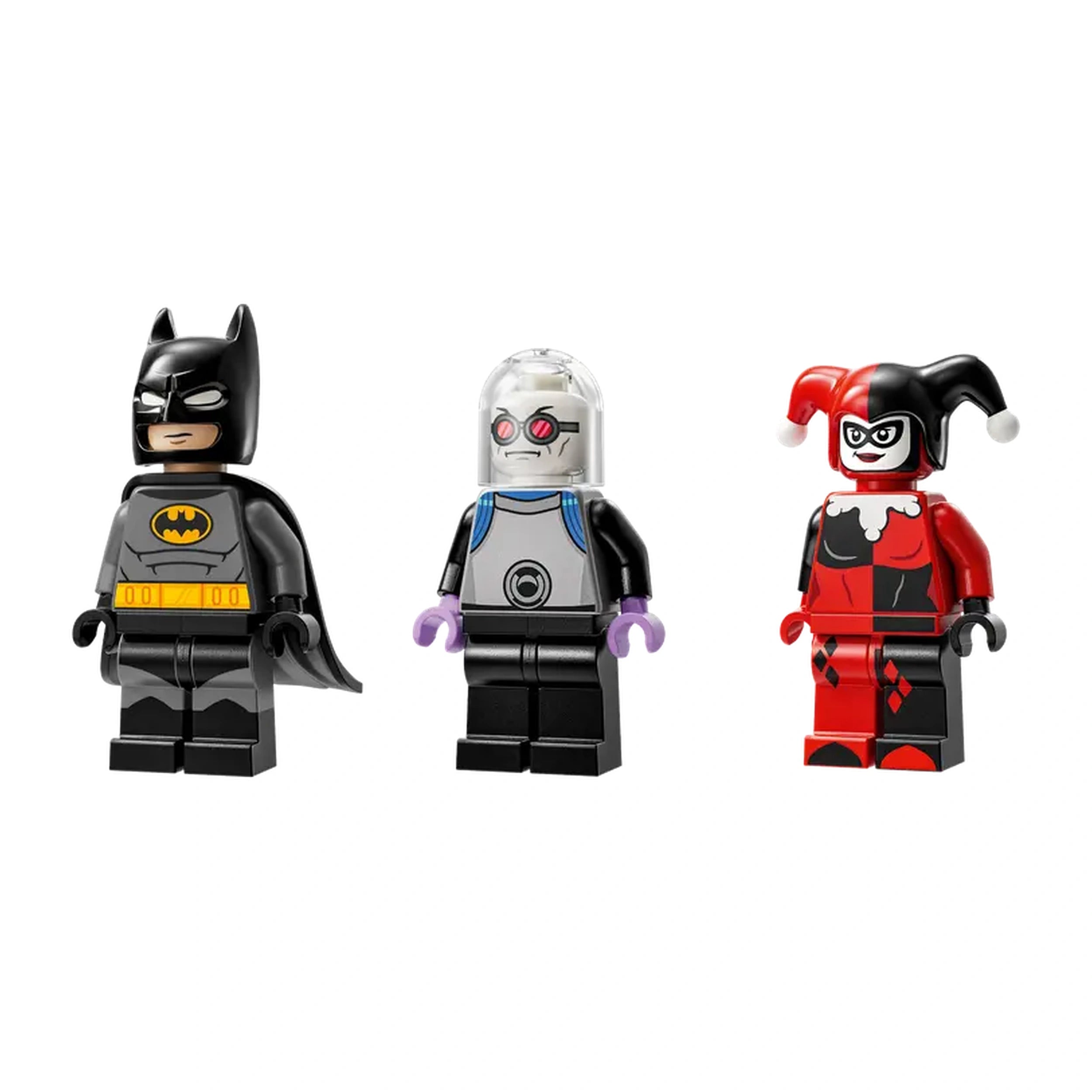 Three LEGO minifigures stand together: Batman in a dark gray suit with a cape, Mr. Freeze in a gray and black outfit with a glass dome helmet, and Harley Quinn in her red and black costume with jester hat details.