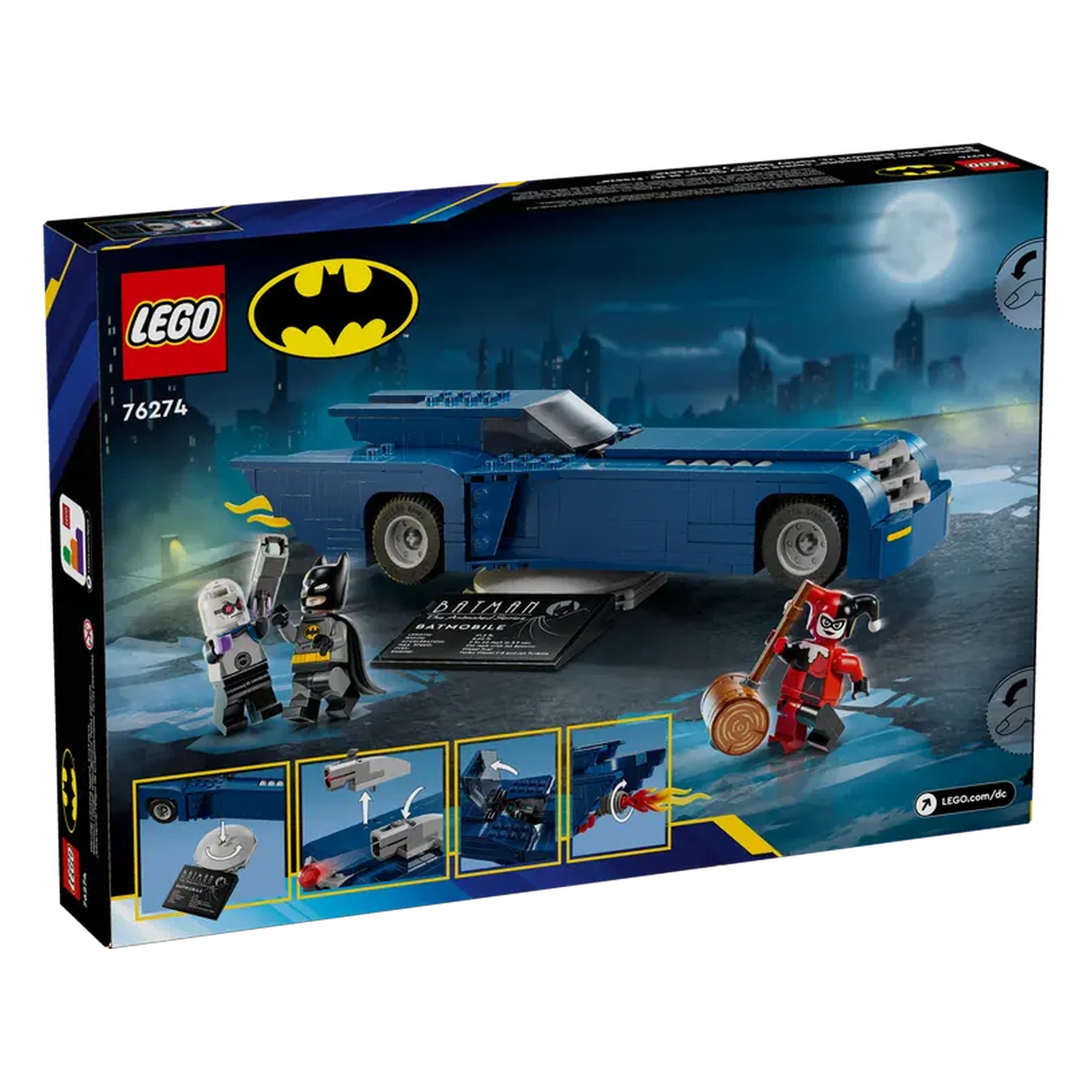 LEGO Batman construction set featuring the Batmobile, with minifigures of Batman and Harley Quinn on a city backdrop.