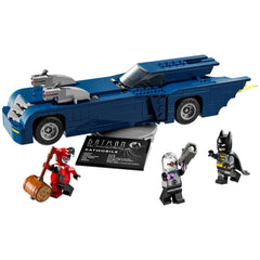 LEGO Batman set featuring the Batmobile in dark blue with two stud launchers, alongside minifigures of Batman, Harley Quinn, and Mr. Freeze.