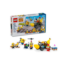 Four Minion figures surround a vibrant banana-themed vehicle on a white background. The LEGO® box features Despicable Me characters in playful poses.
