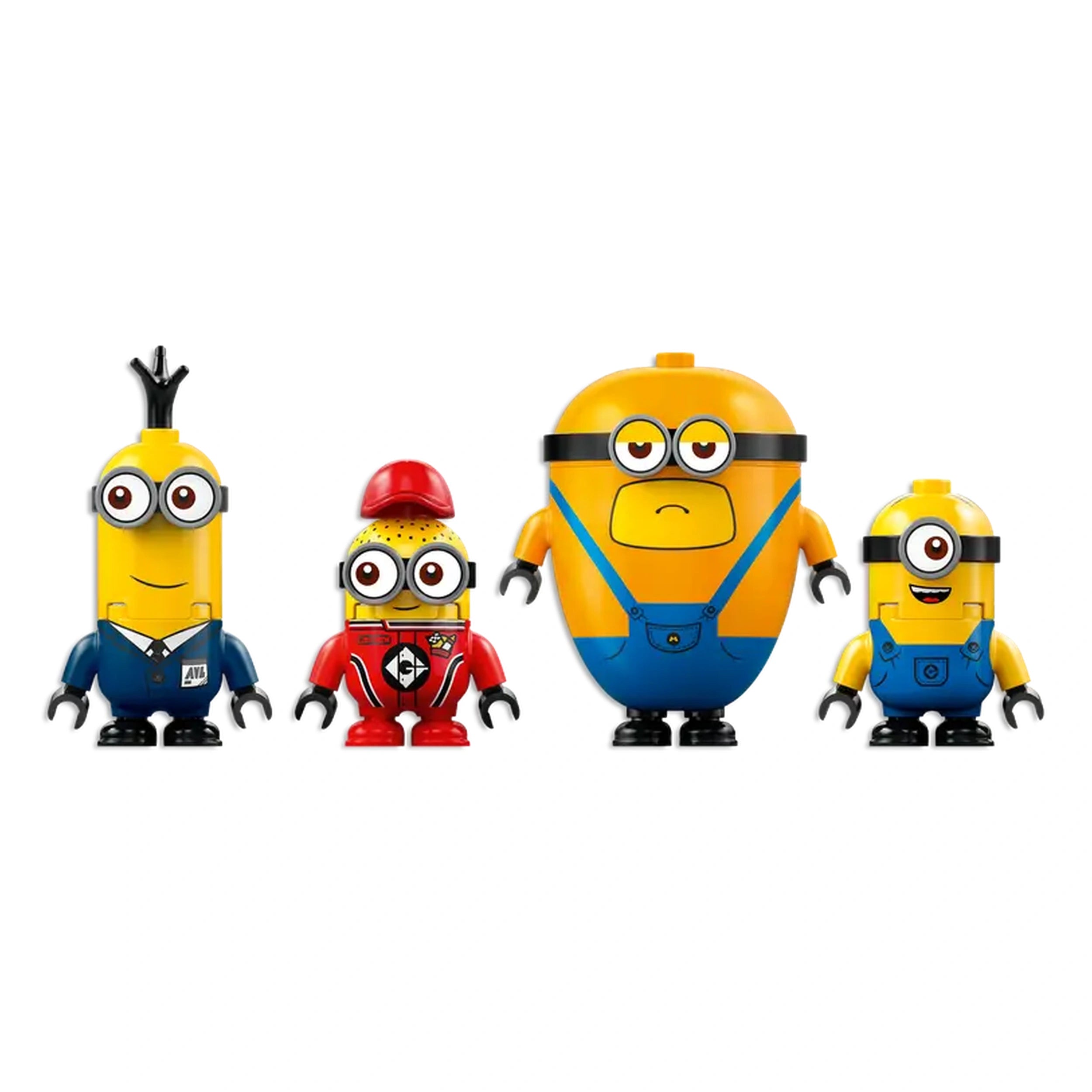 Four LEGO Minion figures from Despicable Me: Mega Minion Dave in blue overalls, Mel in a red outfit, a round yellow Minion with an annoyed expression, and Pit Crew Minion Ron in blue overalls, each with distinct features and accessories.