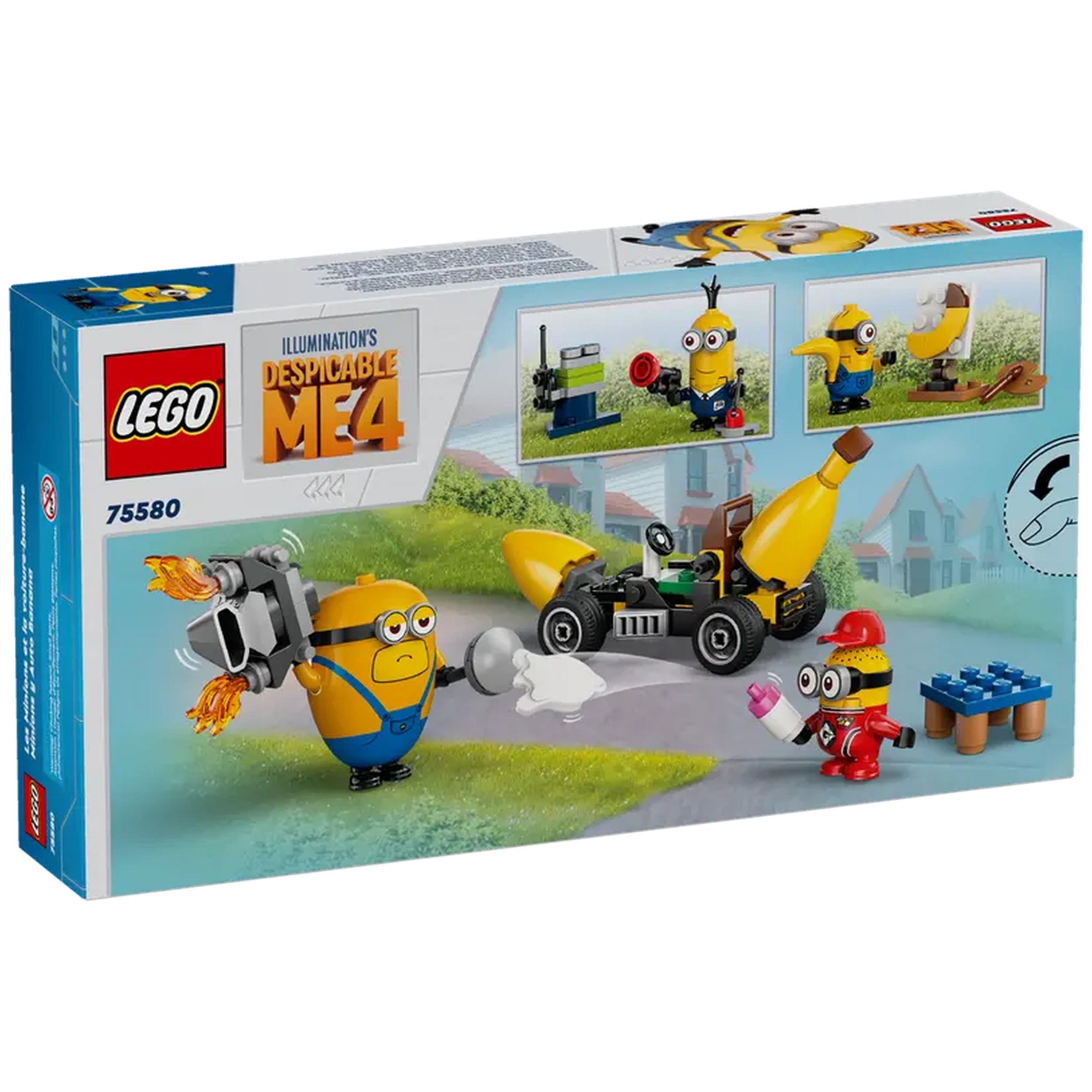 LEGO Despicable Me 4 set featuring Mega Minion Dave holding a weight, a banana car, and three other Minion characters with accessories.