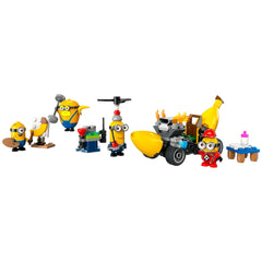 LEGO® Minions and Banana Car set featuring four Minion characters in vibrant yellow and blue, with a banana-shaped vehicle and fun accessories.