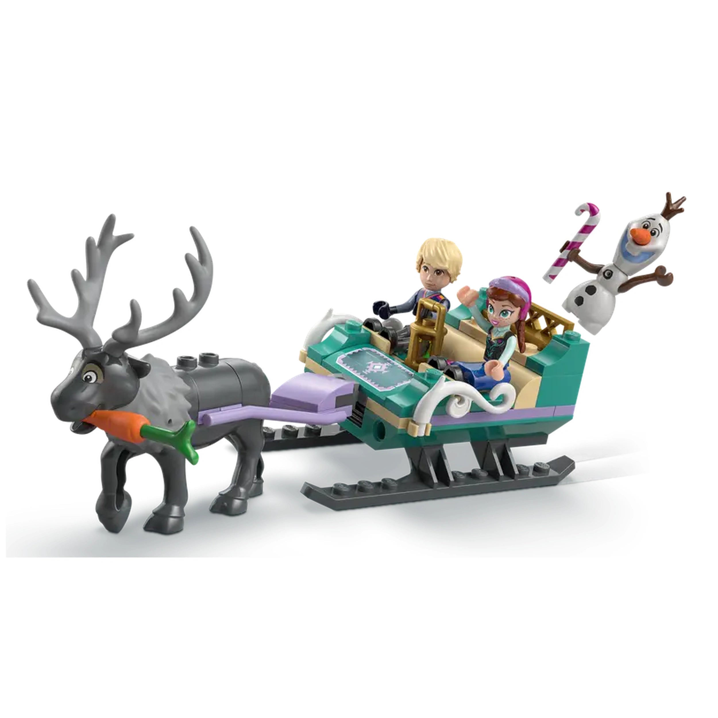 LEGO® Disney Frozen construction set featuring Anna and Kristoff in a colorful sleigh, pulled by Sven the reindeer, with Olaf beside them, all set in a winter-themed scene.