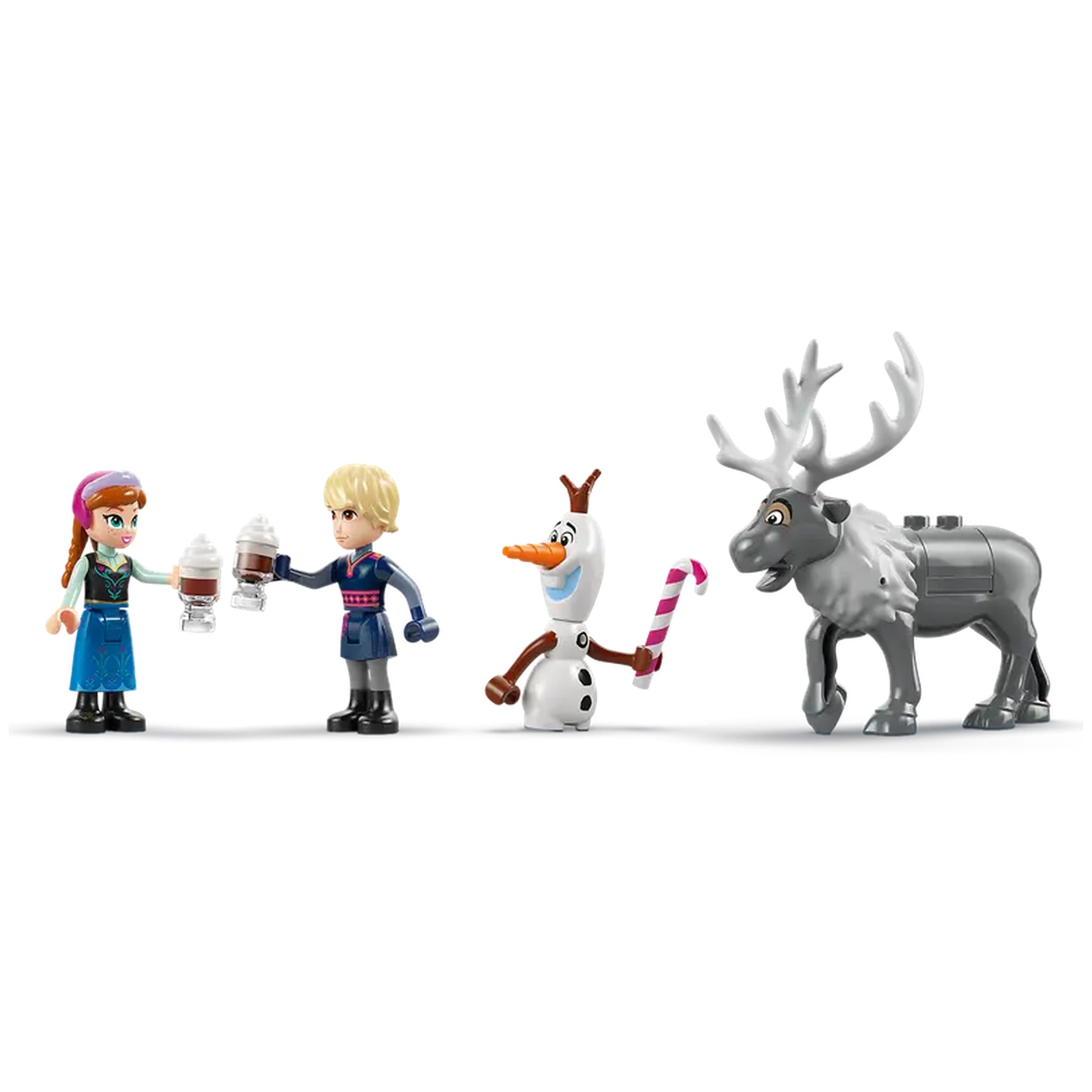 Anna holds a steaming drink with Kristoff, while Olaf, holding a candy cane, smiles beside Sven, the grey reindeer.