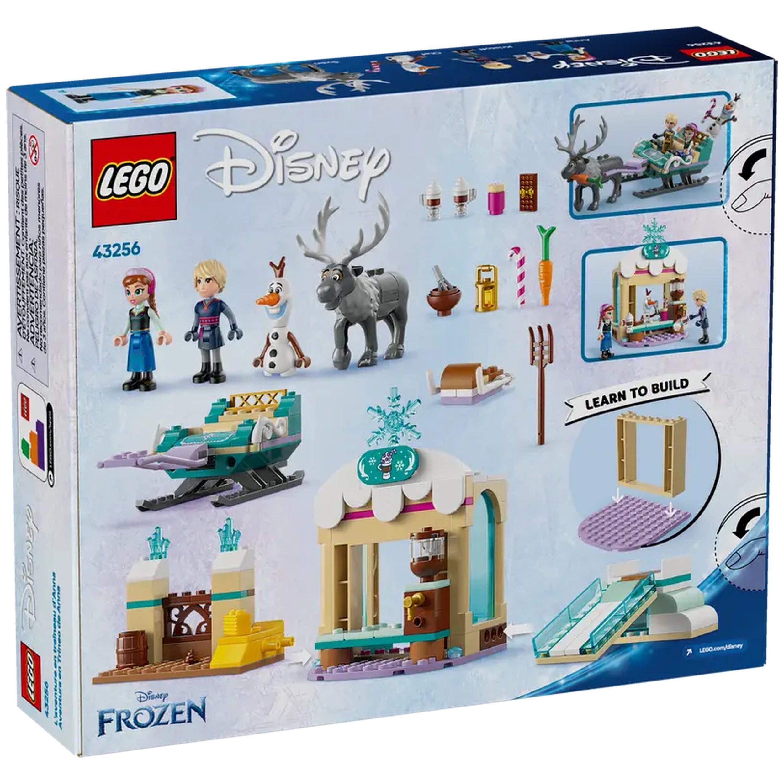 LEGO Disney Frozen Anna's Sleigh Adventure construction set showcasing Anna, Olaf, and Sven with a sleigh, hot chocolate stand, and building elements.