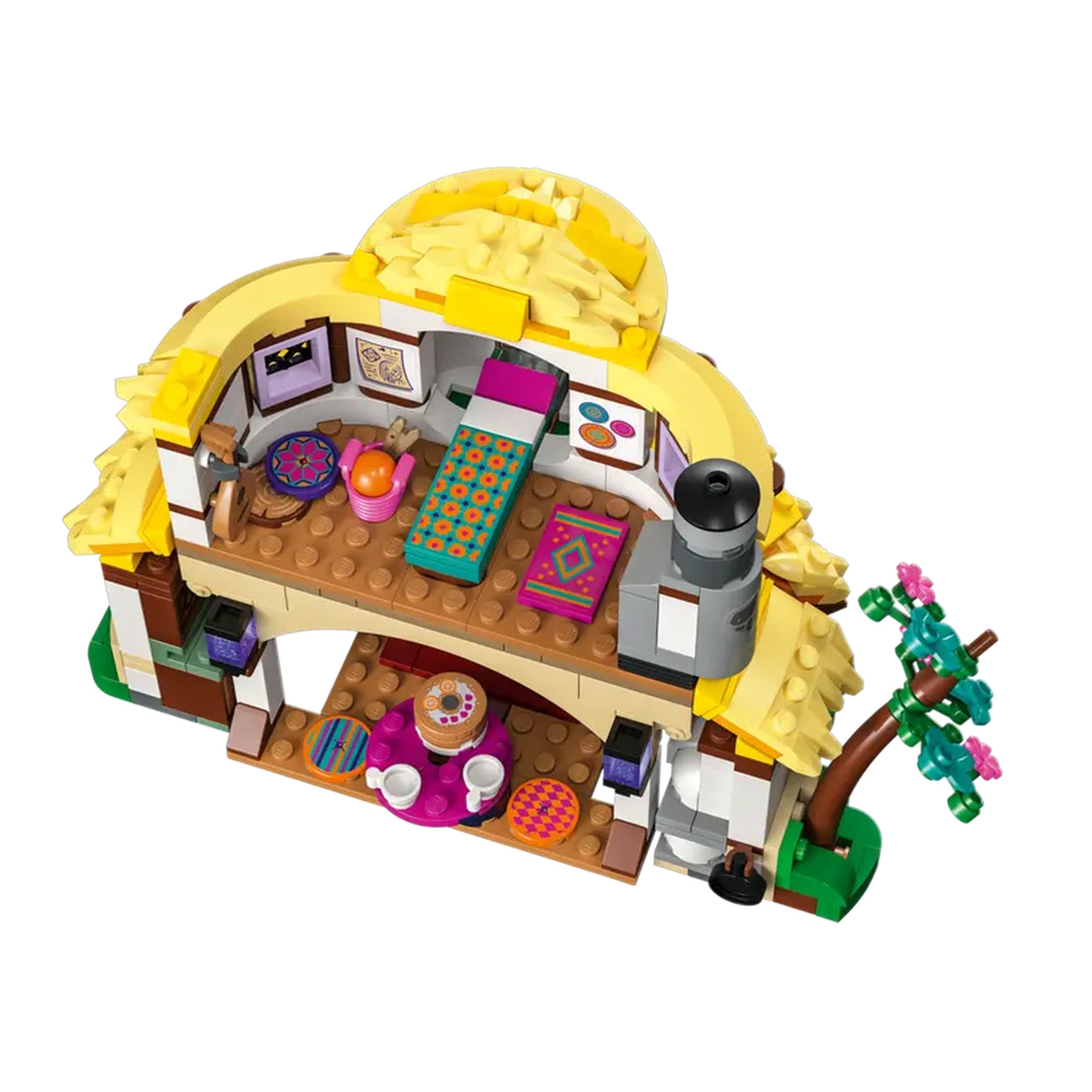 Asha's Cottage LEGO set featuring a cozy two-level design with a bright yellow roof, colorful furnishings, and a small tree outside.