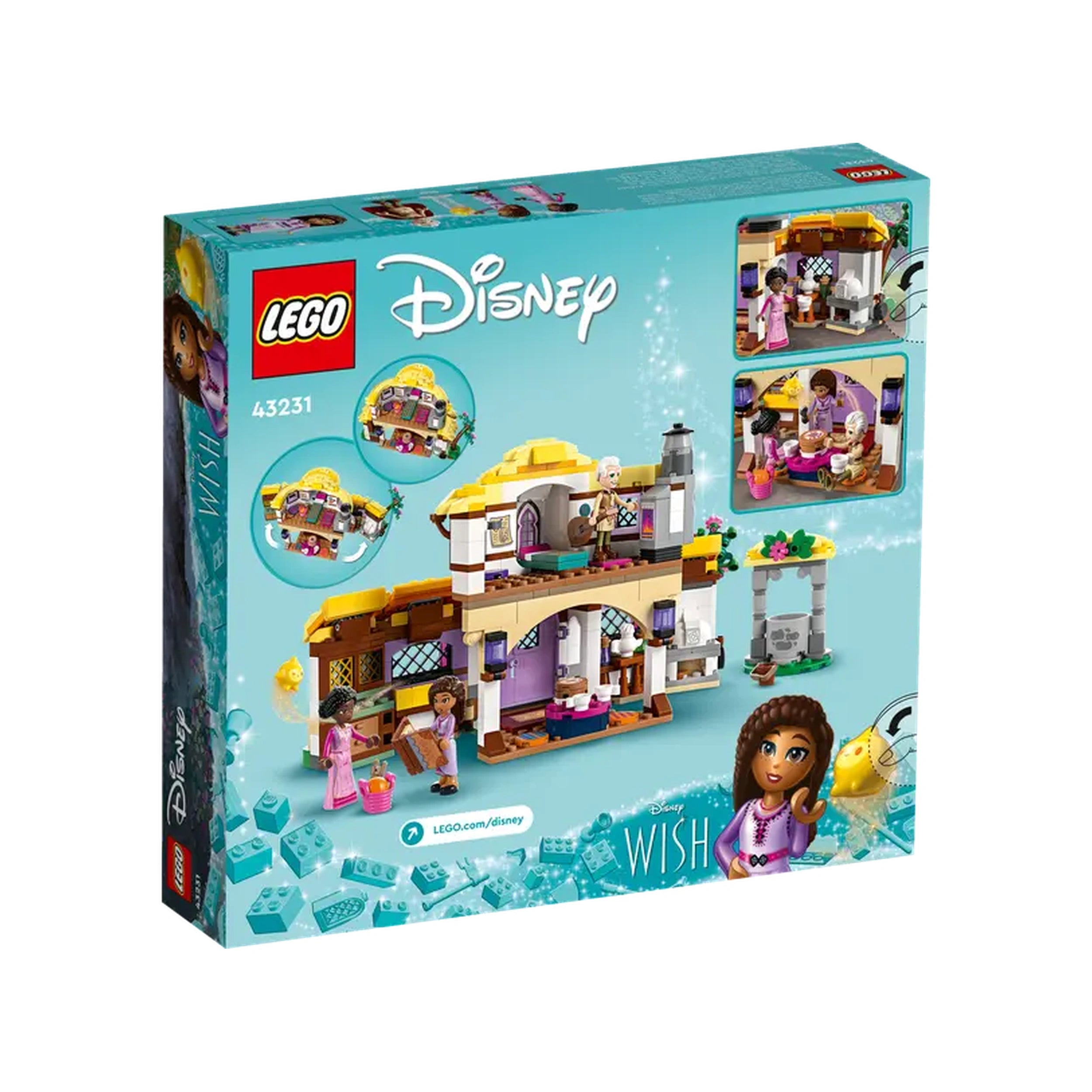 LEGO Disney Asha's Cottage construction set box featuring a colorful two-level cottage, two characters, and playful details, all inspired by the film "Wish.