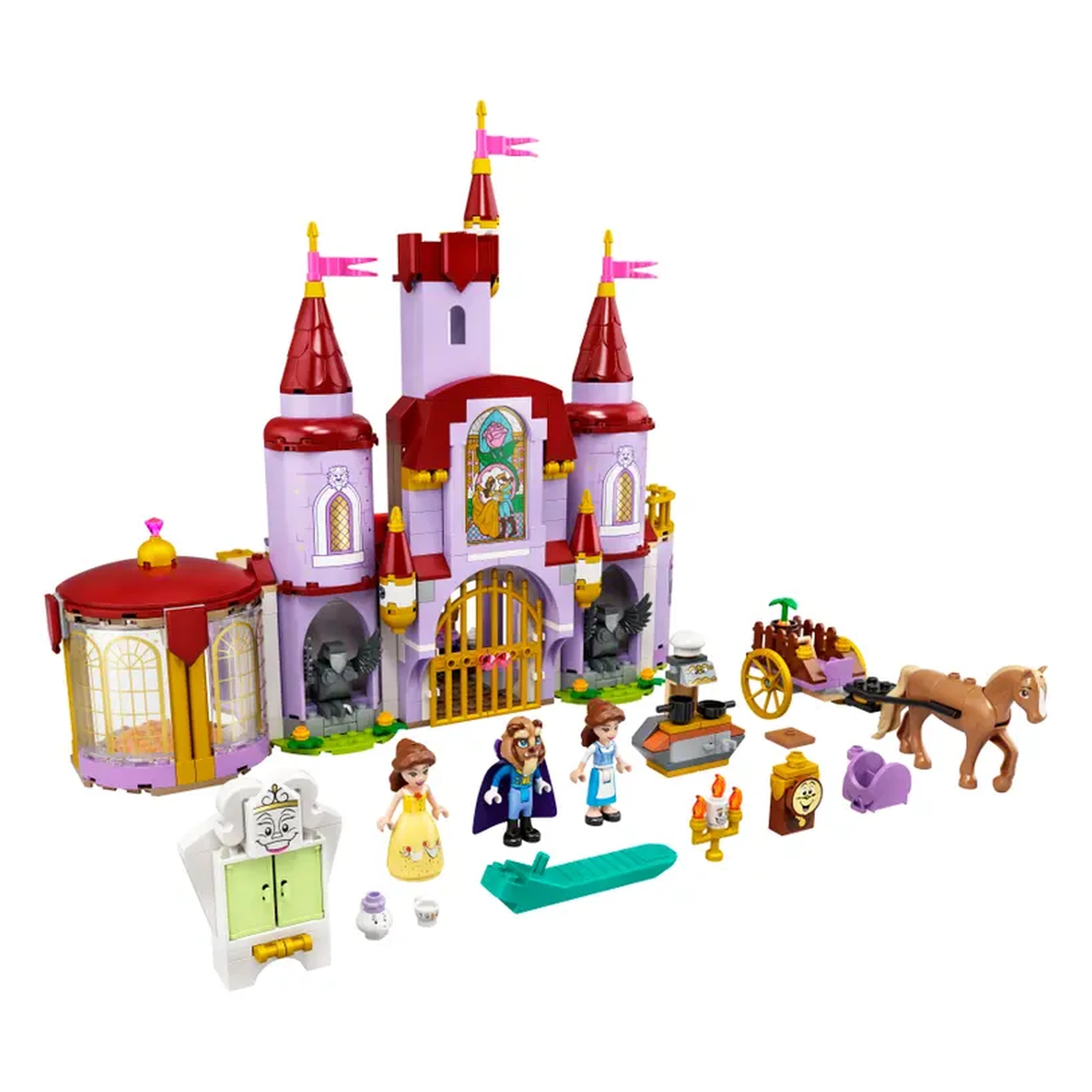LEGO® Disney Belle and the Beast's Castle set featuring a two-story purple castle with red towers, surrounded by charming characters and accessories.
