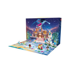 LEGO® Disney Advent Calendar 2024 featuring a snowy landscape with characters like Elsa and a snowman, surrounded by colorful mini builds and a castle backdrop.