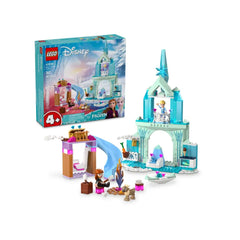 LEGO Disney Frozen Elsa’s Frozen Castle set featuring a vibrant castle, Anna by a campfire, and playful accessories like a slide and ice canoe.
