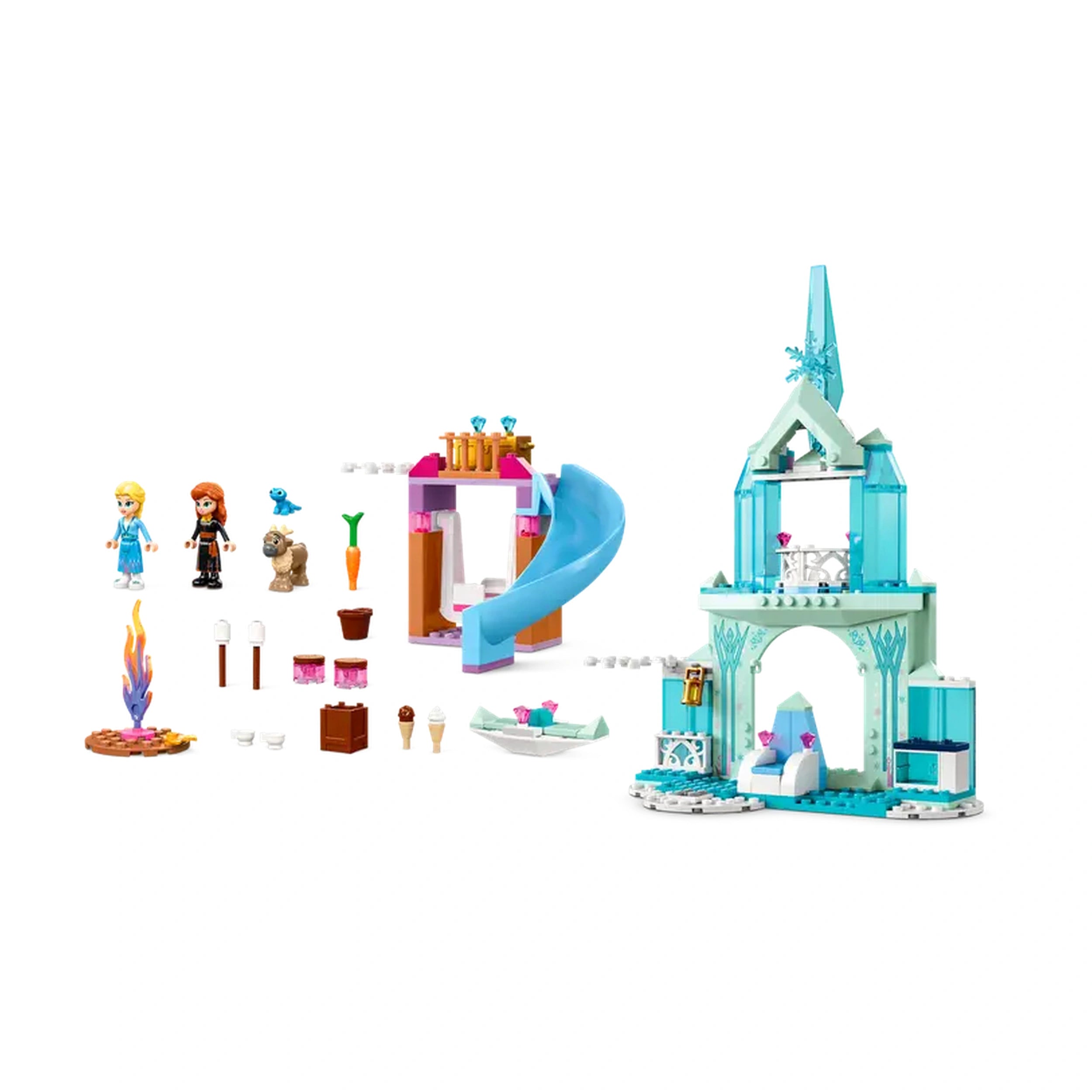 LEGO Disney Frozen Elsa's Frozen Castle construction set featuring a turquoise castle, slide, minifigures of Elsa and Anna, and playful accessories.