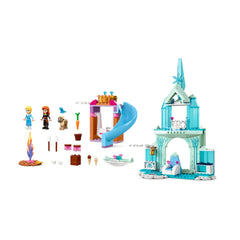 LEGO Disney Frozen Elsa's Frozen Castle construction set featuring a turquoise castle, slide, minifigures of Elsa and Anna, and playful accessories.