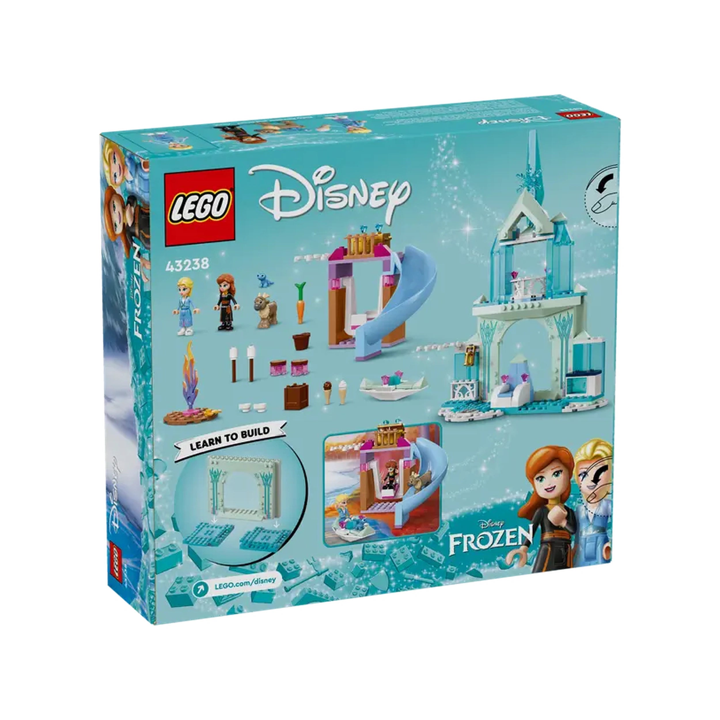 Disney Frozen Elsa’s Castle LEGO set box featuring colorful illustrations of the castle, characters Elsa and Anna, and play features like a slide and kitchen.