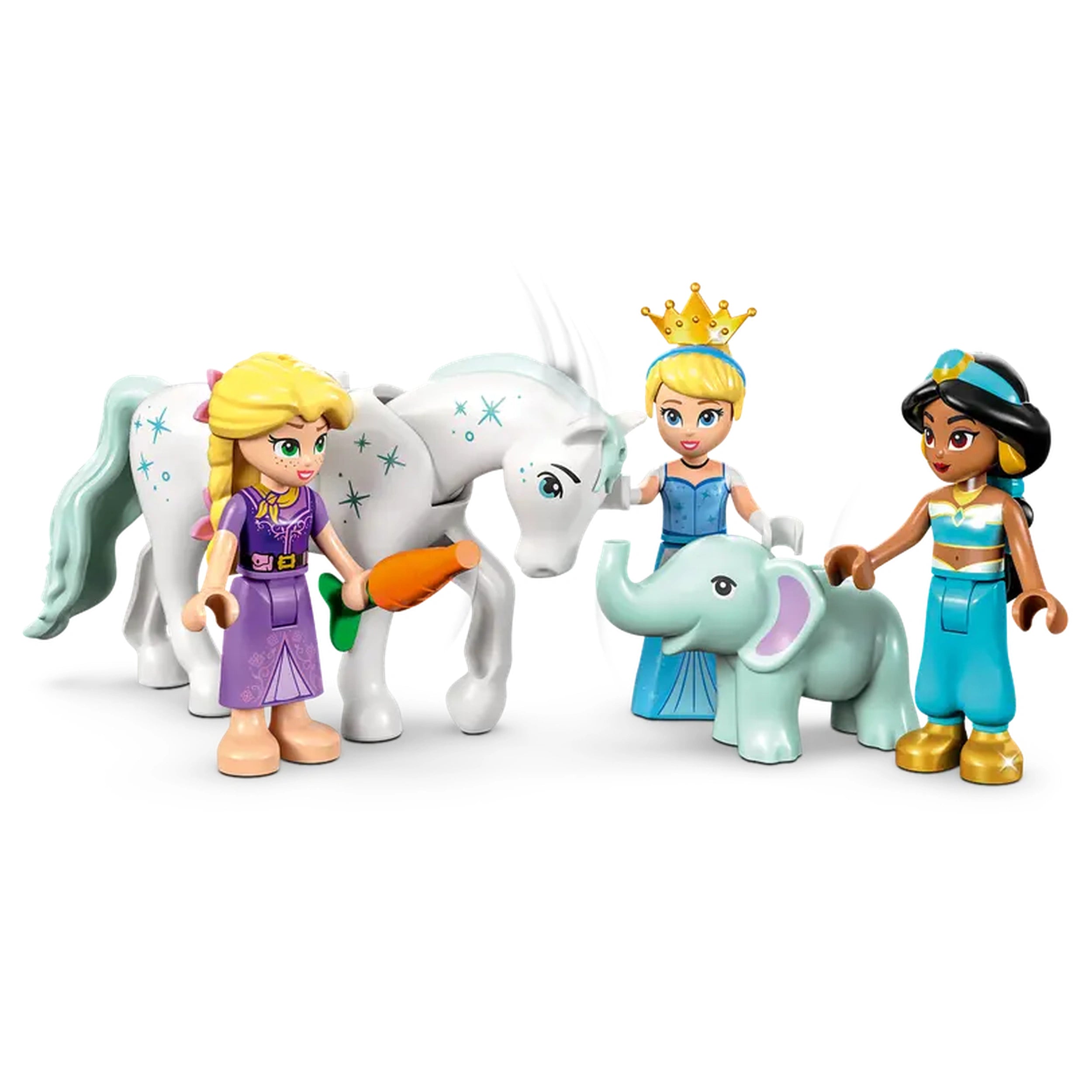 Three LEGO® Disney Princess mini-dolls interact with a white unicorn and a gray elephant. One princess holds a carrot, while another, wearing a crown, gently touches the unicorn. The third princess, dressed in blue, stands next to the elephant, creating a whimsical scene of adventure and friendship.
