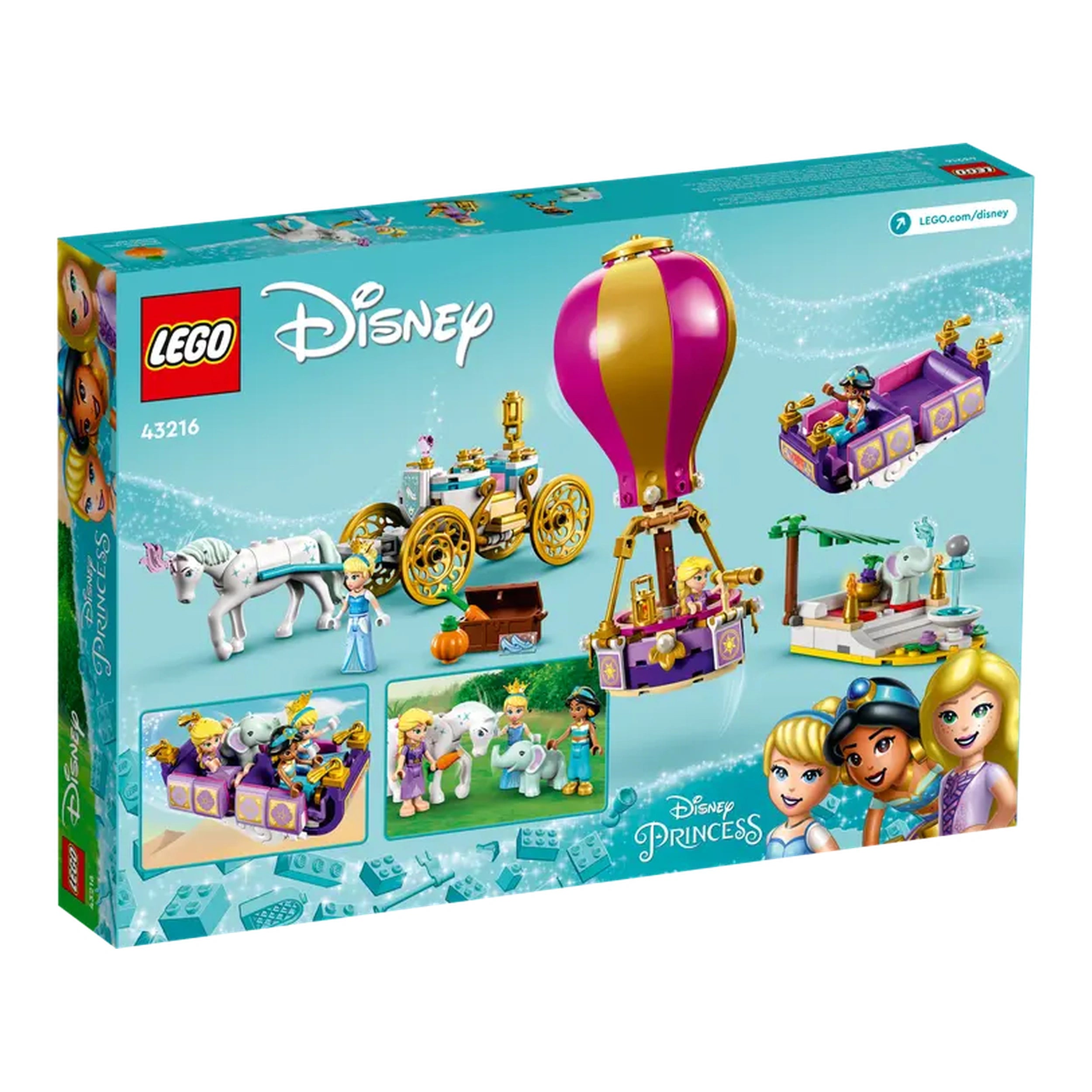 LEGO Disney Princess Enchanted Journey set featuring a hot-air balloon, open-top carriage, and mini-doll figures against a colorful backdrop.