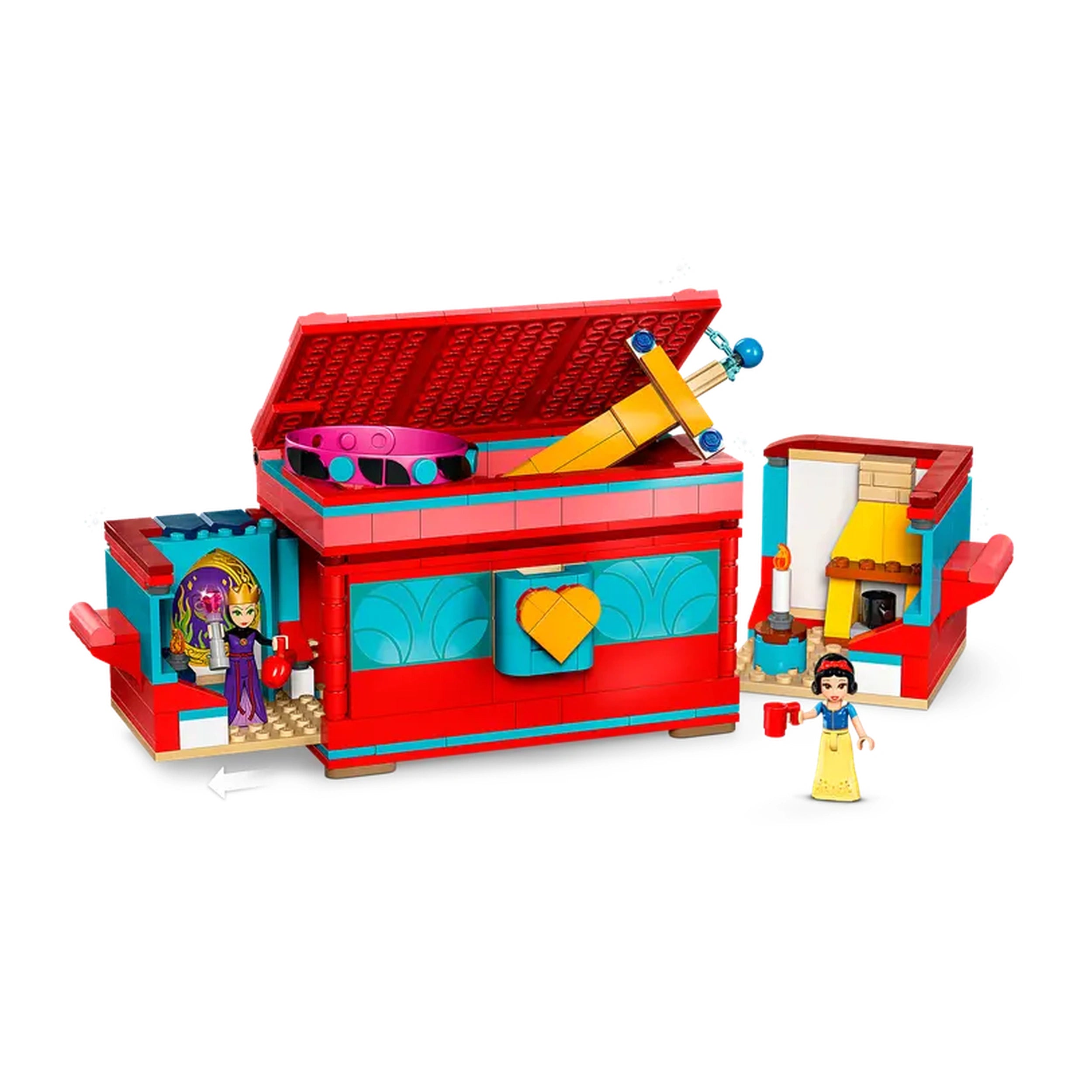Buildable LEGO® jewelry box in bright red and turquoise, featuring Snow White and the Evil Queen mini-doll figures, with intricate details and a lockable lid adorned with a sword.