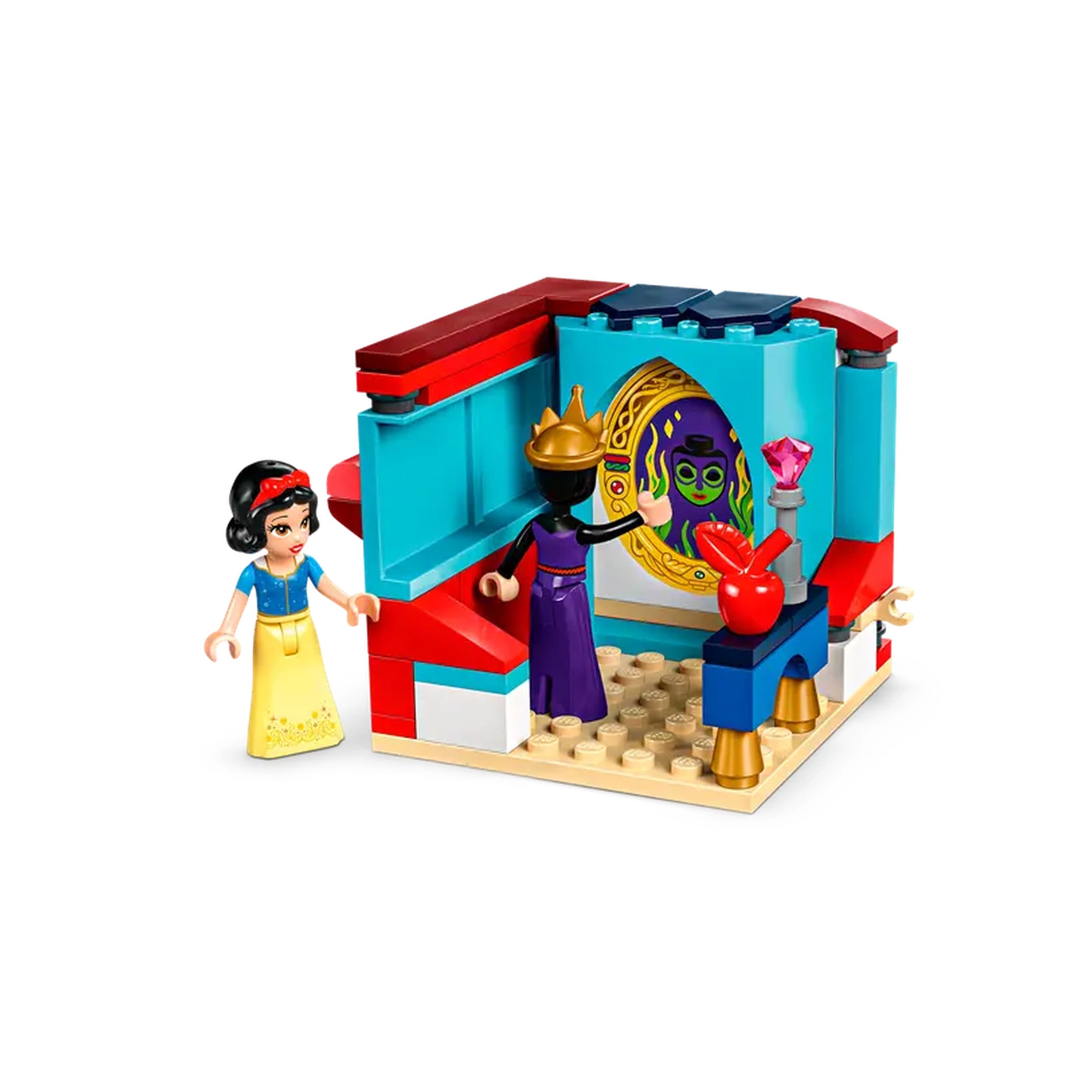 LEGO® Disney Snow White's Jewelry Box set features a vibrant build with Snow White mini-doll in a yellow dress and an Evil Queen beside a magic mirror. The colorful jewelry box has a lockable lid and a red apple nearby, inviting imaginative play and storytelling.