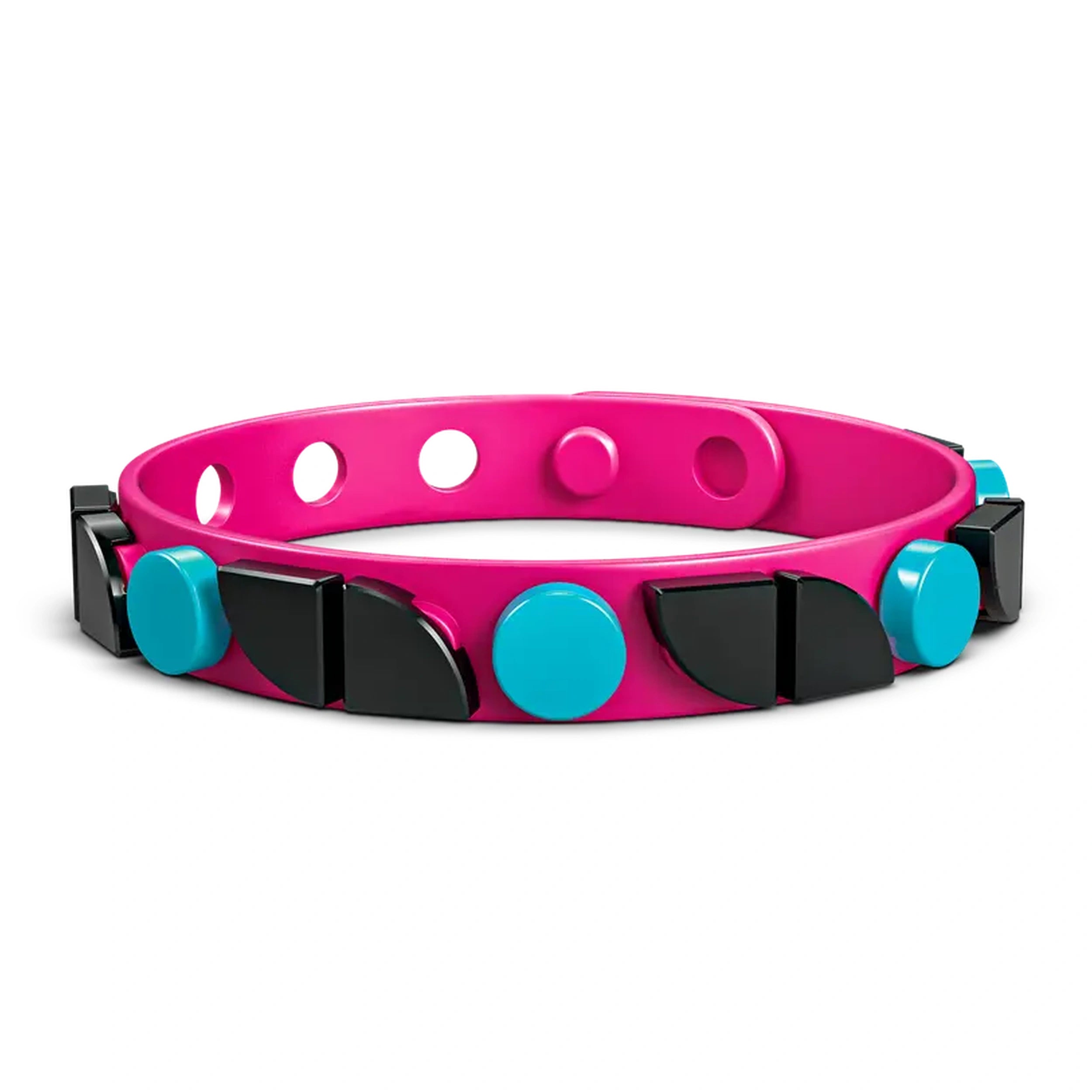 A vibrant pink bracelet with black and turquoise decorative elements, featuring various shapes like circles and half-circles.