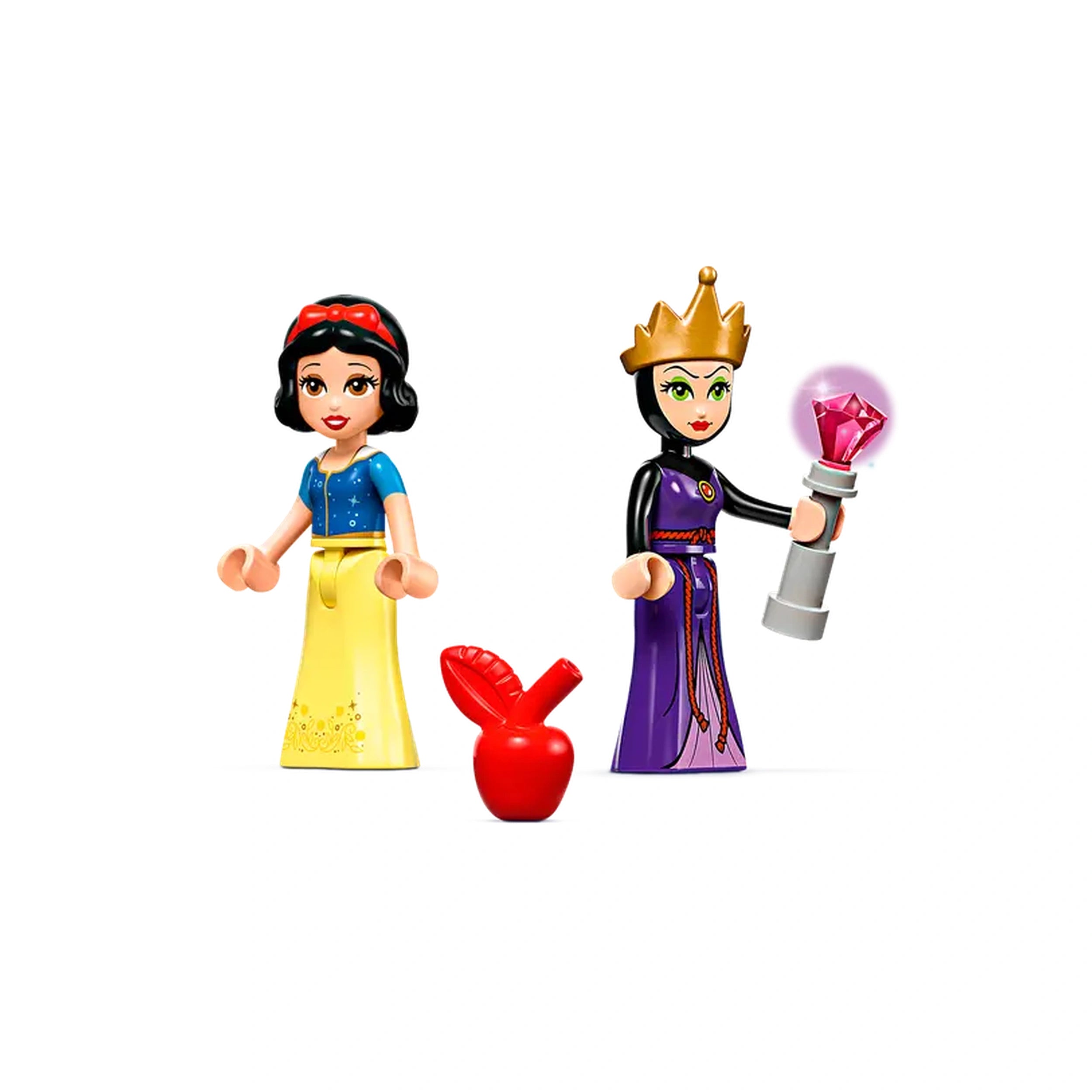 Snow White in a blue top and yellow skirt stands on the left, smiling. Next to her, the Evil Queen in a purple gown holds a scepter with a sparkling pink gem. A red apple rests between them.