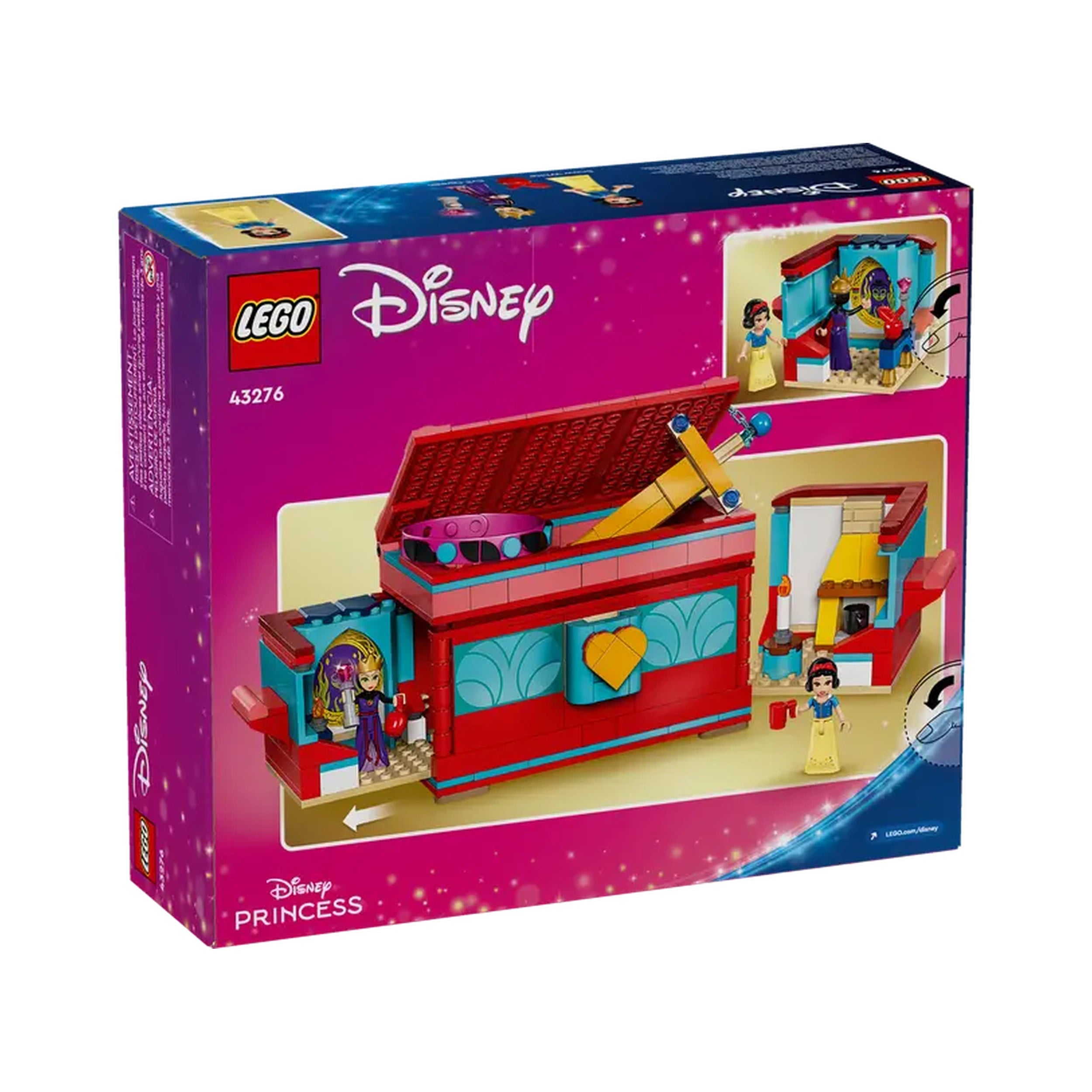 LEGO Disney Snow White's Jewelry Box set features a vibrant red and teal buildable box. The lid is open, showcasing a sword, hidden rooms, and mini-doll figures of Snow White and the Evil Queen.