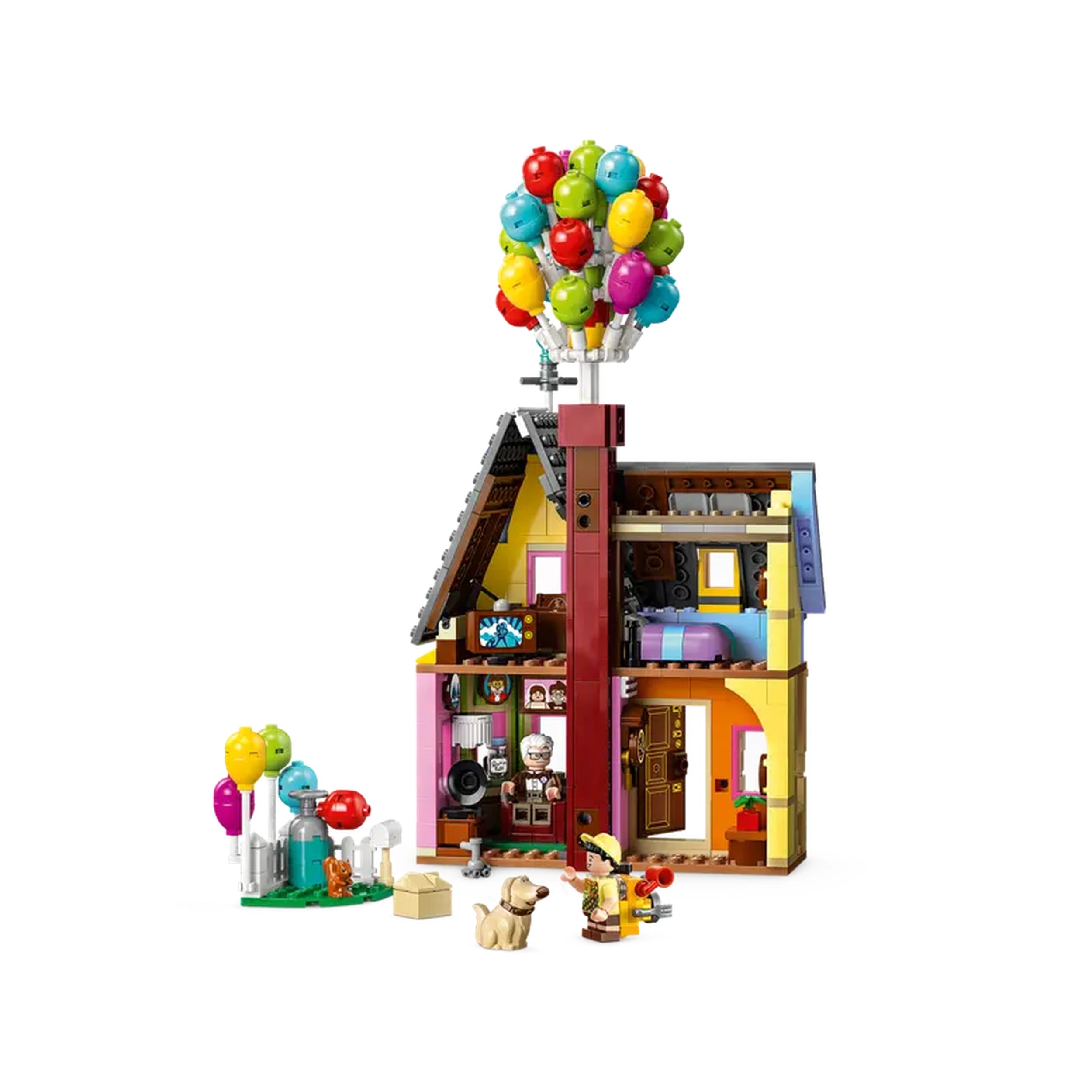 LEGO Disney Pixar 'Up' House set featuring a colorful house with a balloon bouquet on the roof, Carl and Russell minifigures, a dog figure, and whimsical details.