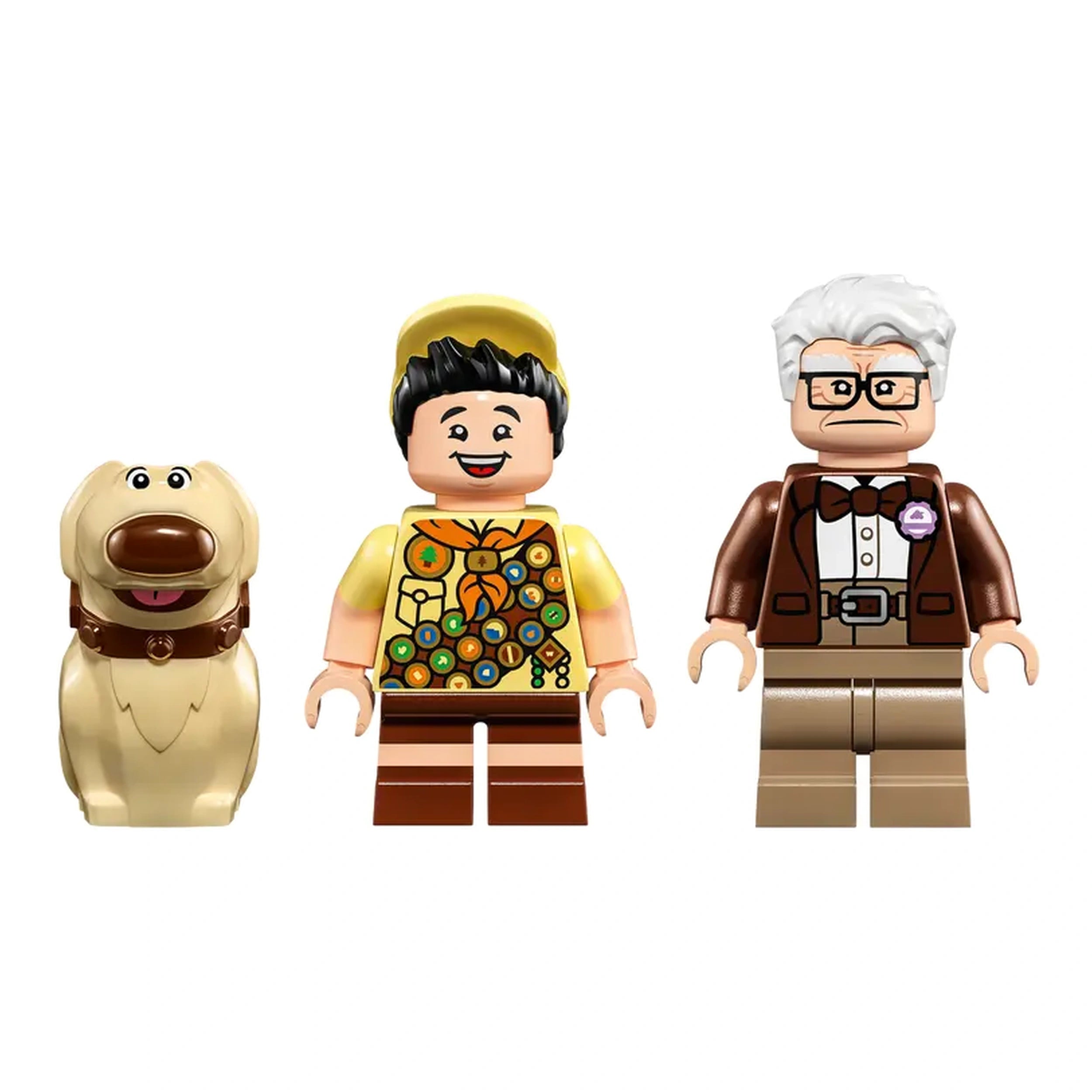 LEGO minifigures from Disney's 'Up' include Carl Fredricksen, Russell with a backpack, and Dug the dog, showcasing colorful details and expressions.