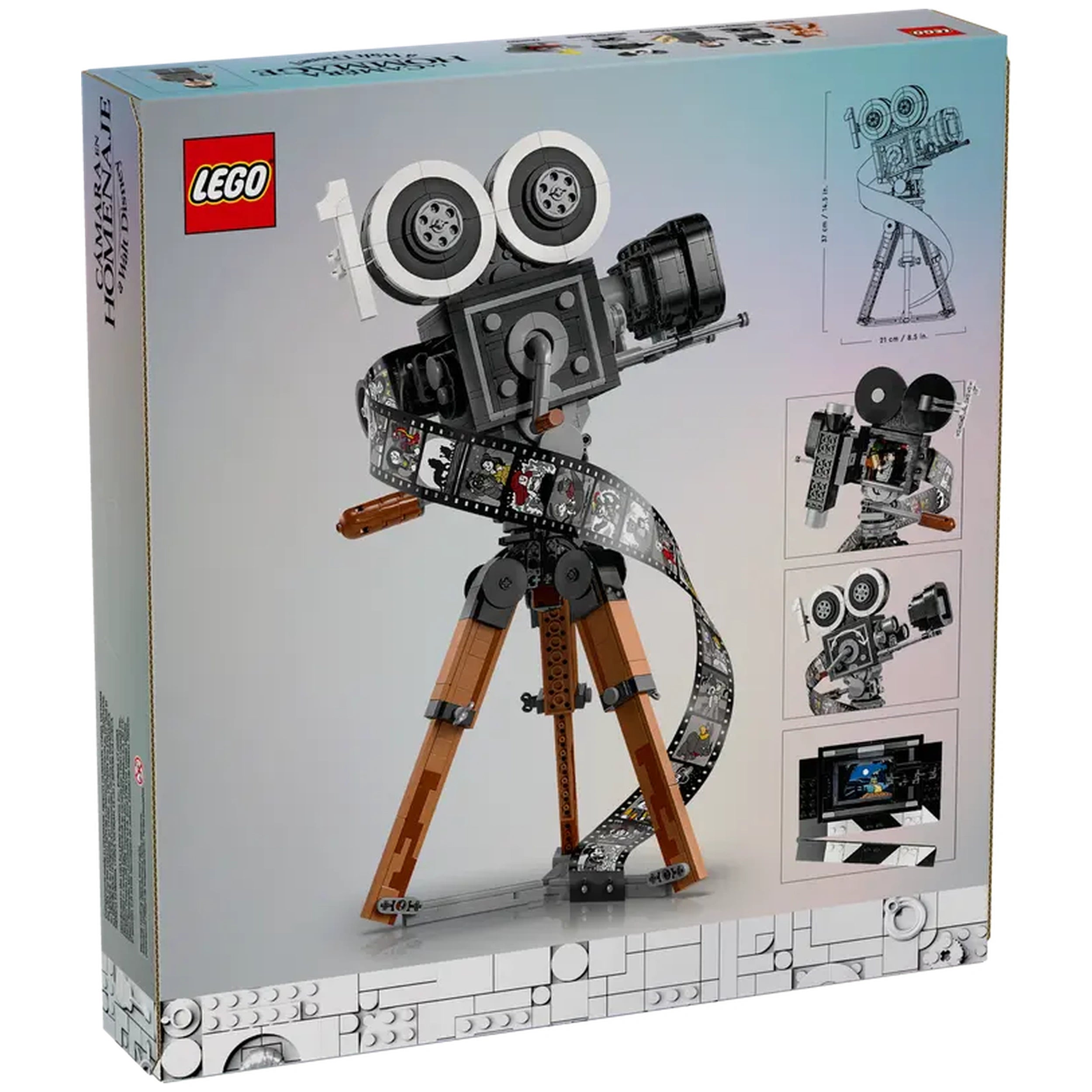 LEGO Disney Walt Disney Tribute Camera construction set with vintage movie camera and film strip showcasing iconic Disney moments, displayed on a beige background.