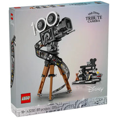 LEGO Disney tribute camera construction set featuring a vintage-style movie camera on a tripod, with a film strip and a display of minifigures.