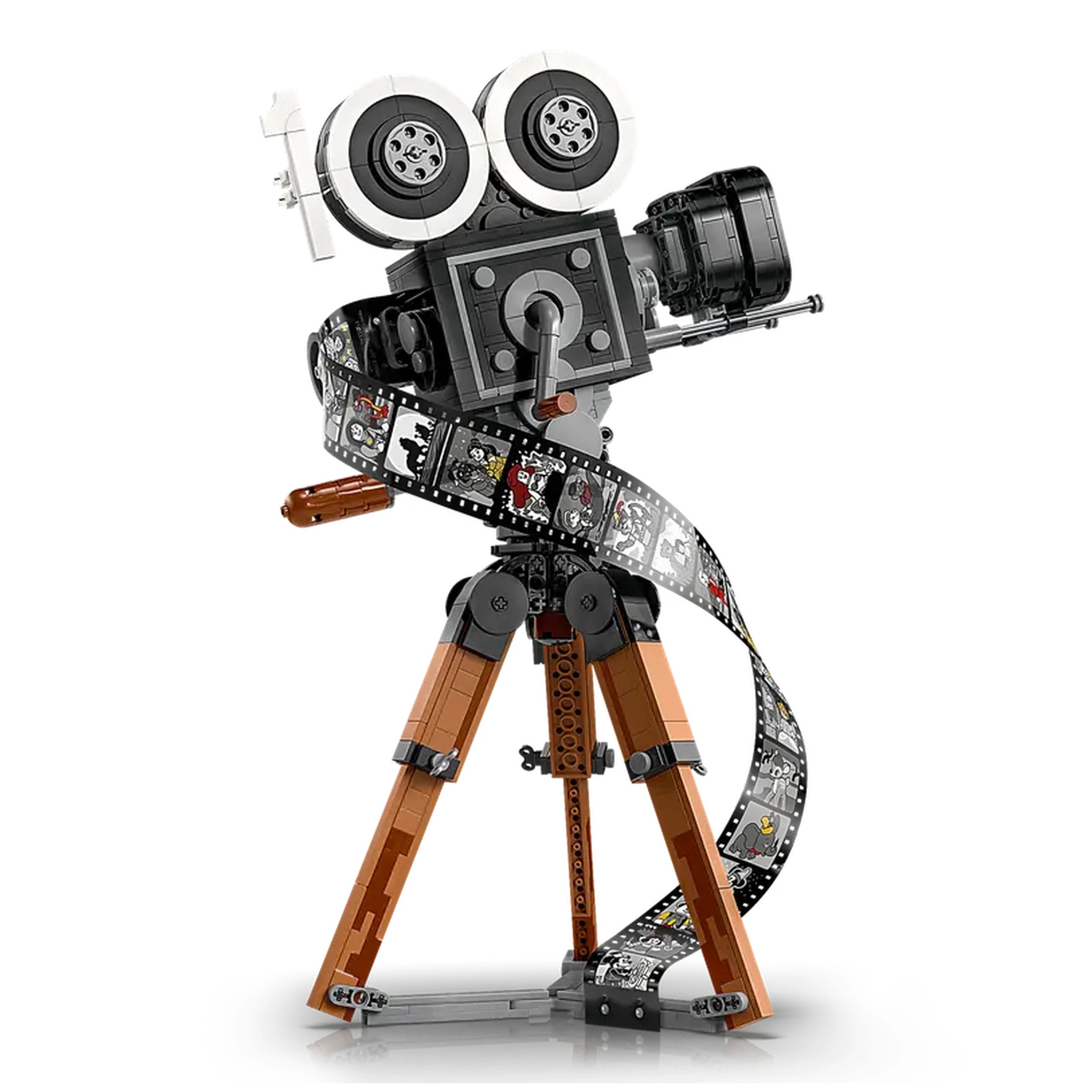Vintage LEGO® Disney movie camera set with a film strip showcasing iconic Disney scenes, mounted on a brown tripod.