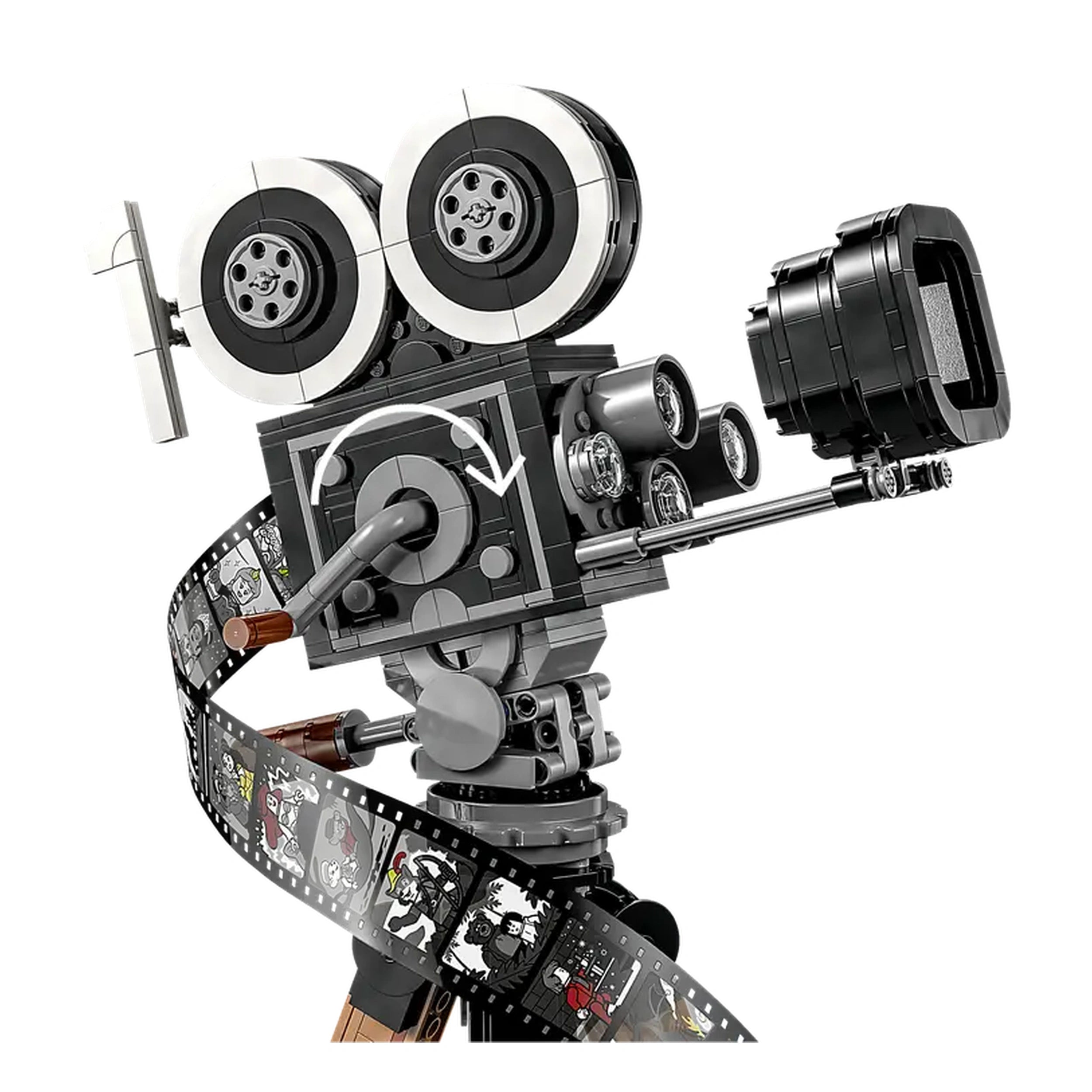 Vintage-style LEGO Disney movie camera with dual reels, detailed design, attached film strip showing iconic Disney scenes.