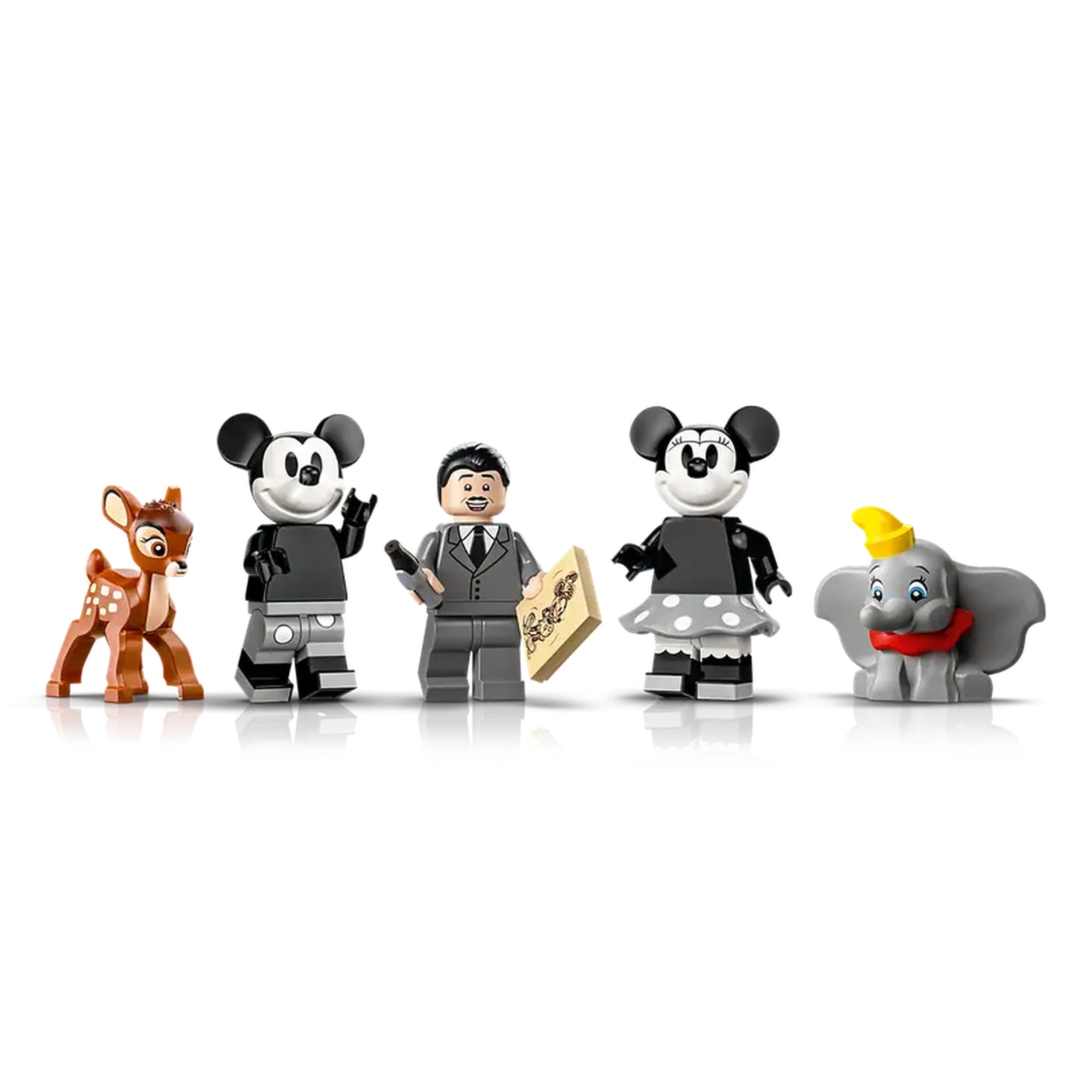 LEGO® Disney minifigures include Mickey Mouse, Minnie Mouse, and Dumbo, along with a deer figure, celebrating Disney's legacy.