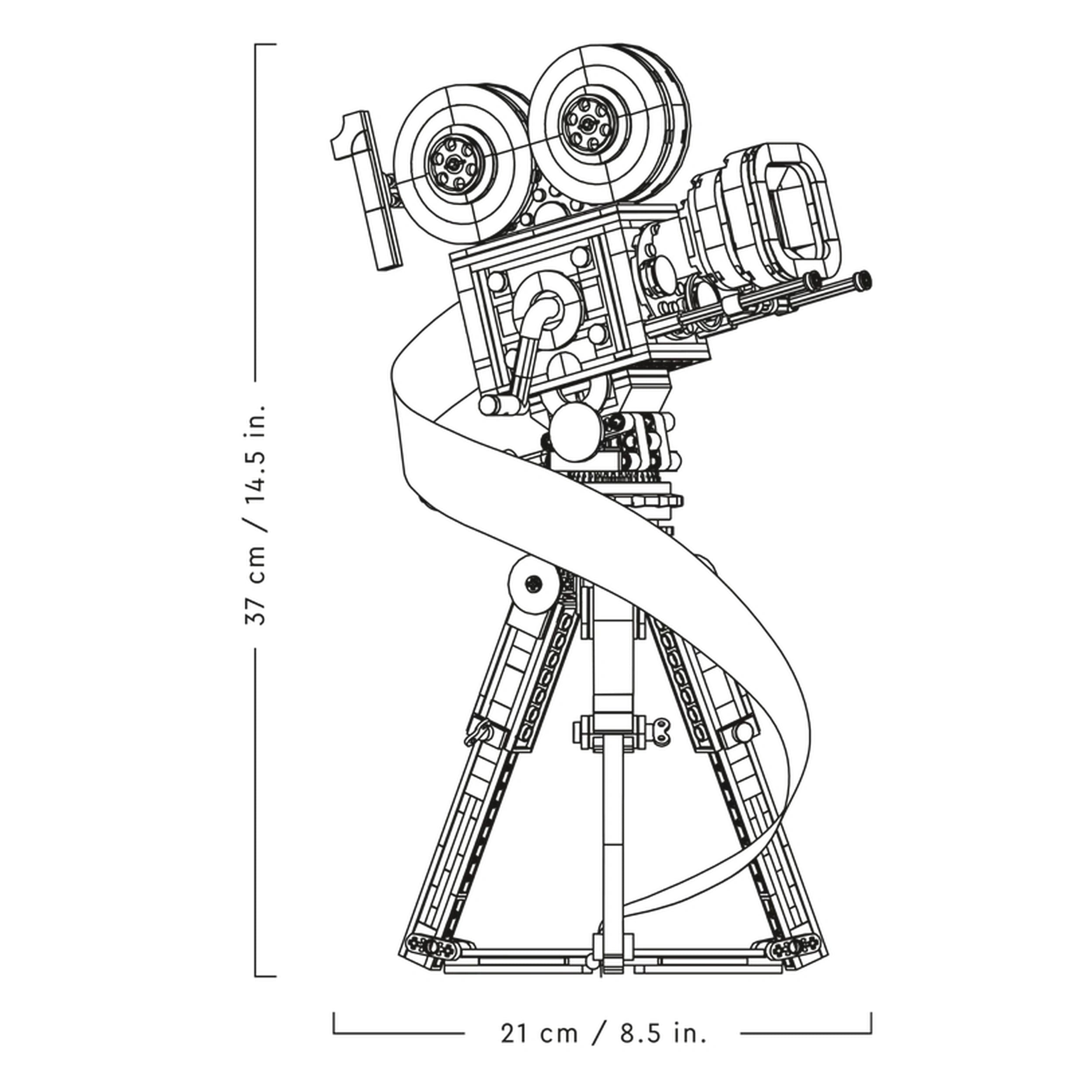 Vintage-style movie camera construction set with a hinged back and film strip, resting on a sturdy tripod.