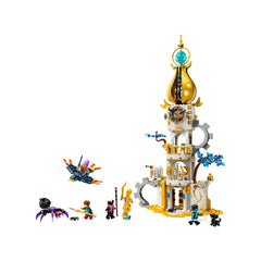 A whimsical LEGO® construction set featuring The Sandman's Tower with a golden spire, surrounded by colorful characters, a spider, and a flying vehicle.