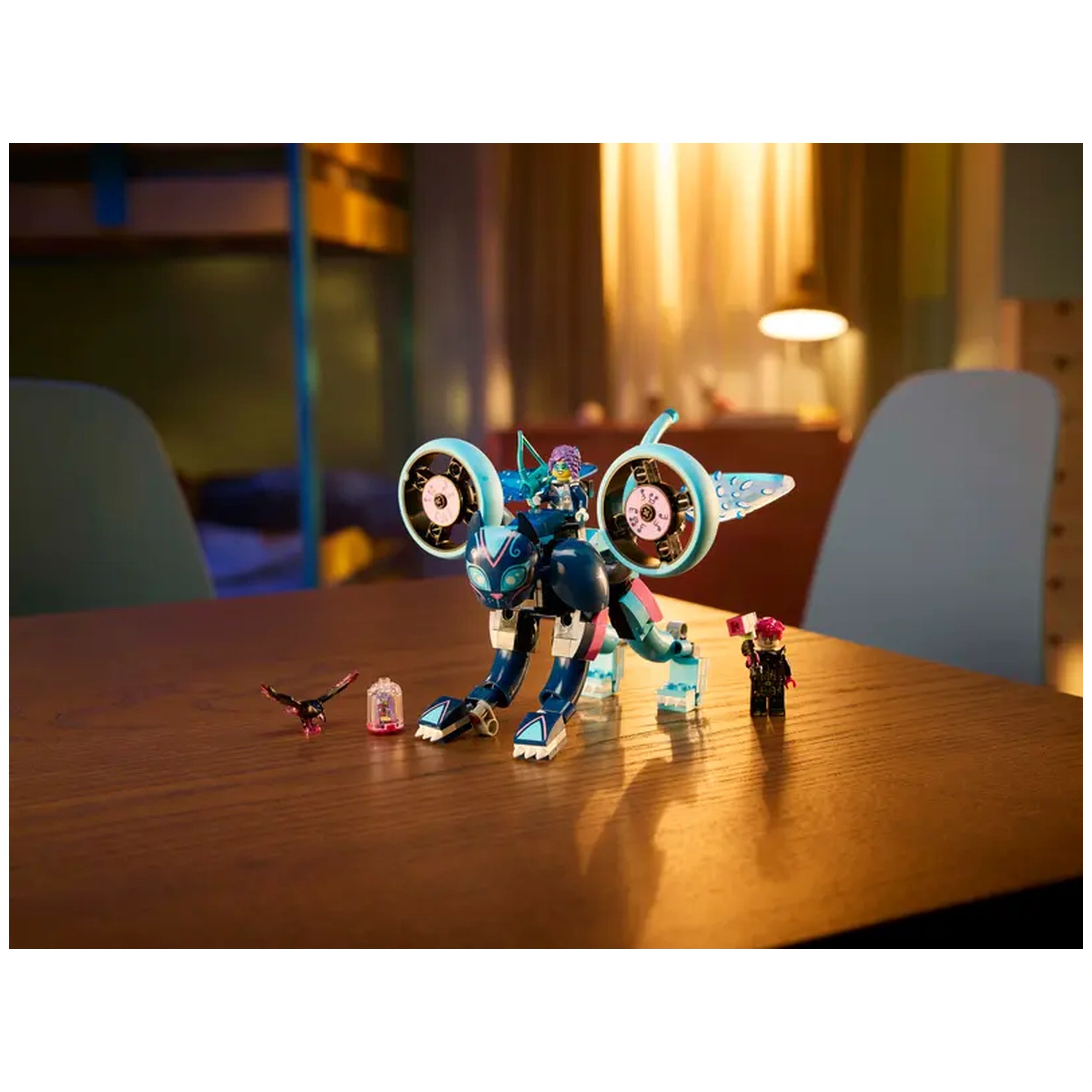 LEGO DREAMZzz Zoey’s Cat Motorcycle set featuring a blue cat with wheels, Zoey figure, and a small raven on a wooden table in a dimly lit room.