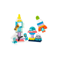 Colorful LEGO® DUPLO® 3in1 Space Shuttle Adventure set featuring a vibrant rocket, an astronaut figure holding a wrench, and an alien character, all positioned around interactive play structures.