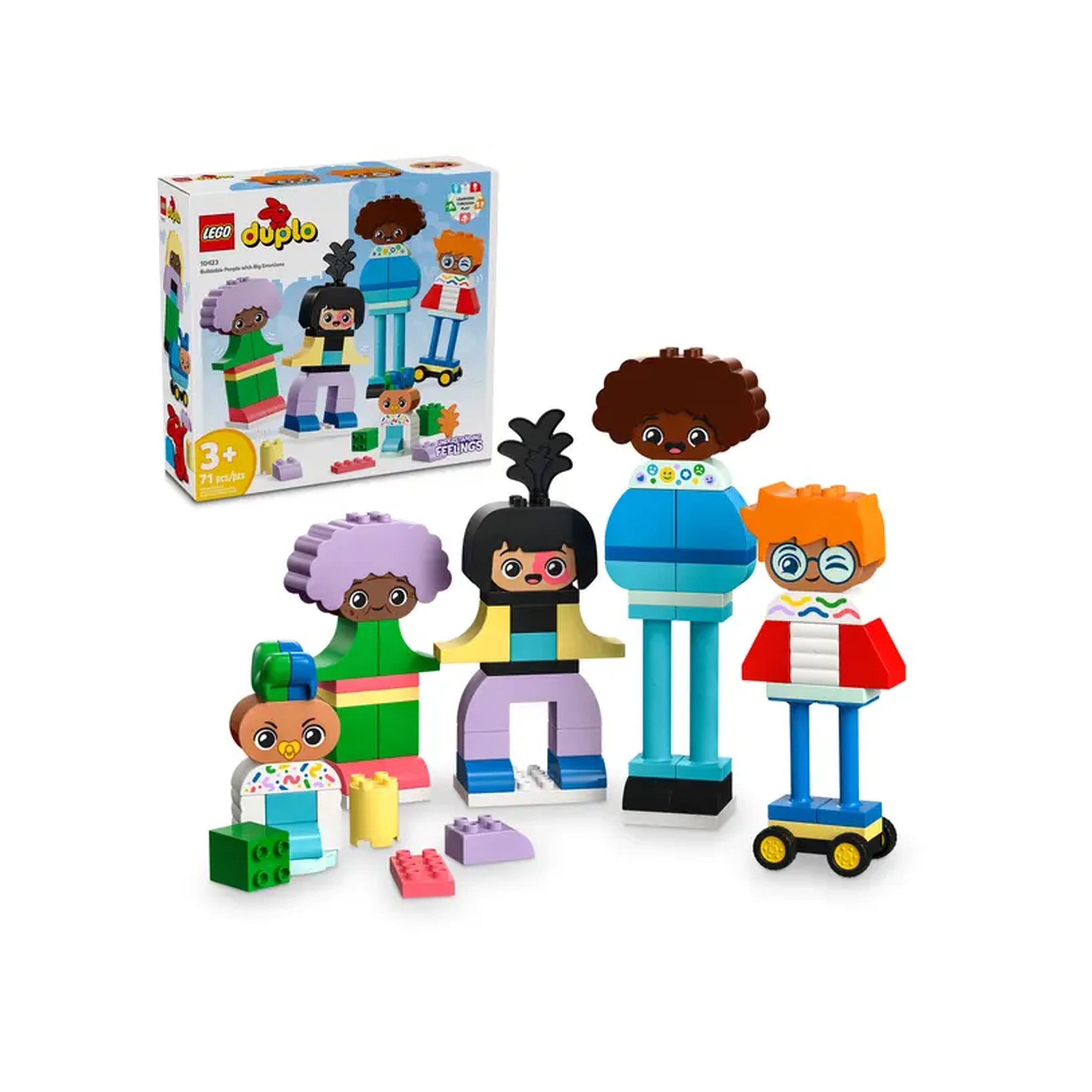 Colorful LEGO® DUPLO® set featuring five buildable characters with various hairstyles and facial expressions, alongside colorful bricks.