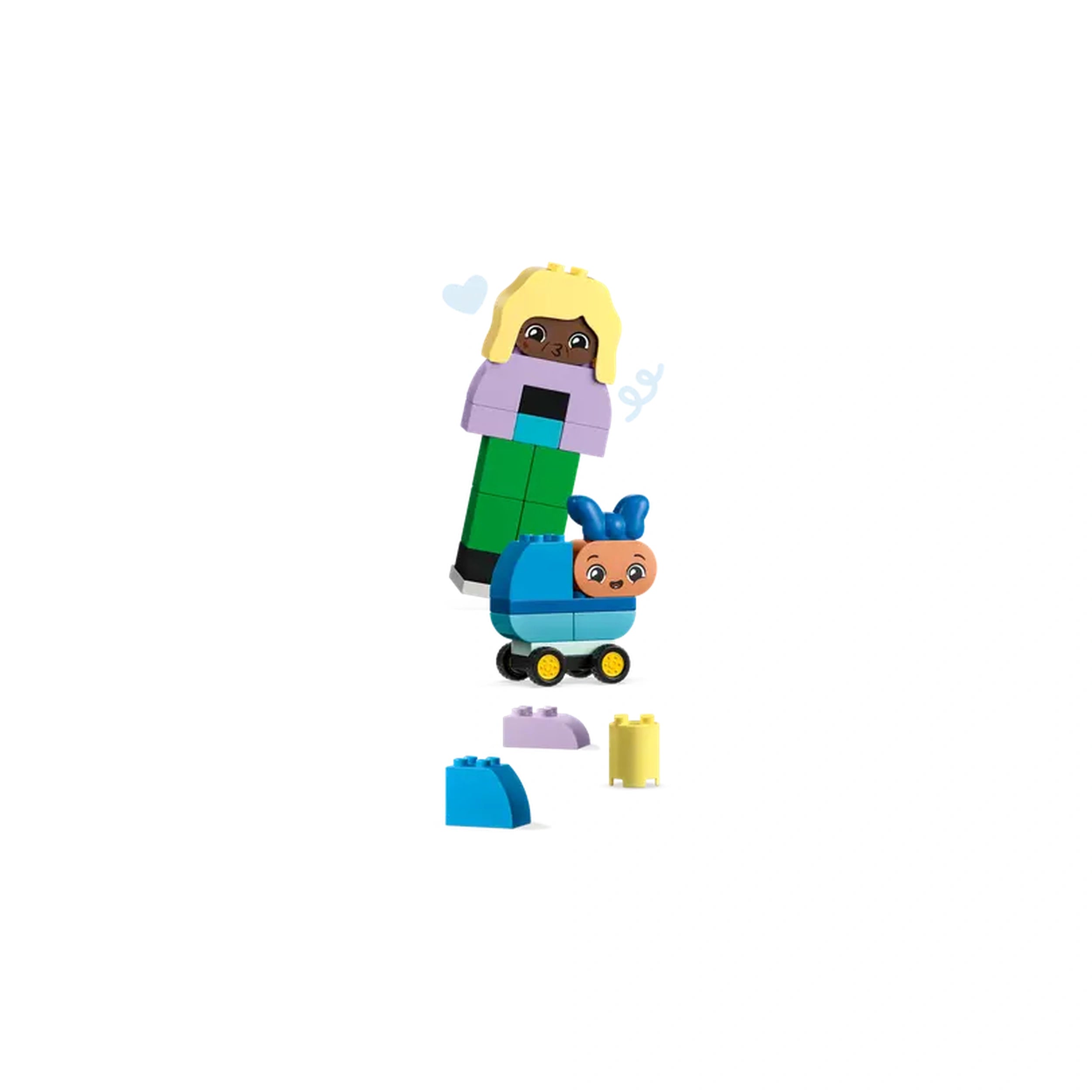 Colorful LEGO® DUPLO® characters are assembled, featuring a blonde-haired figure atop a blue stroller with a smiling baby inside, surrounded by various building pieces in purple, blue, and yellow.
