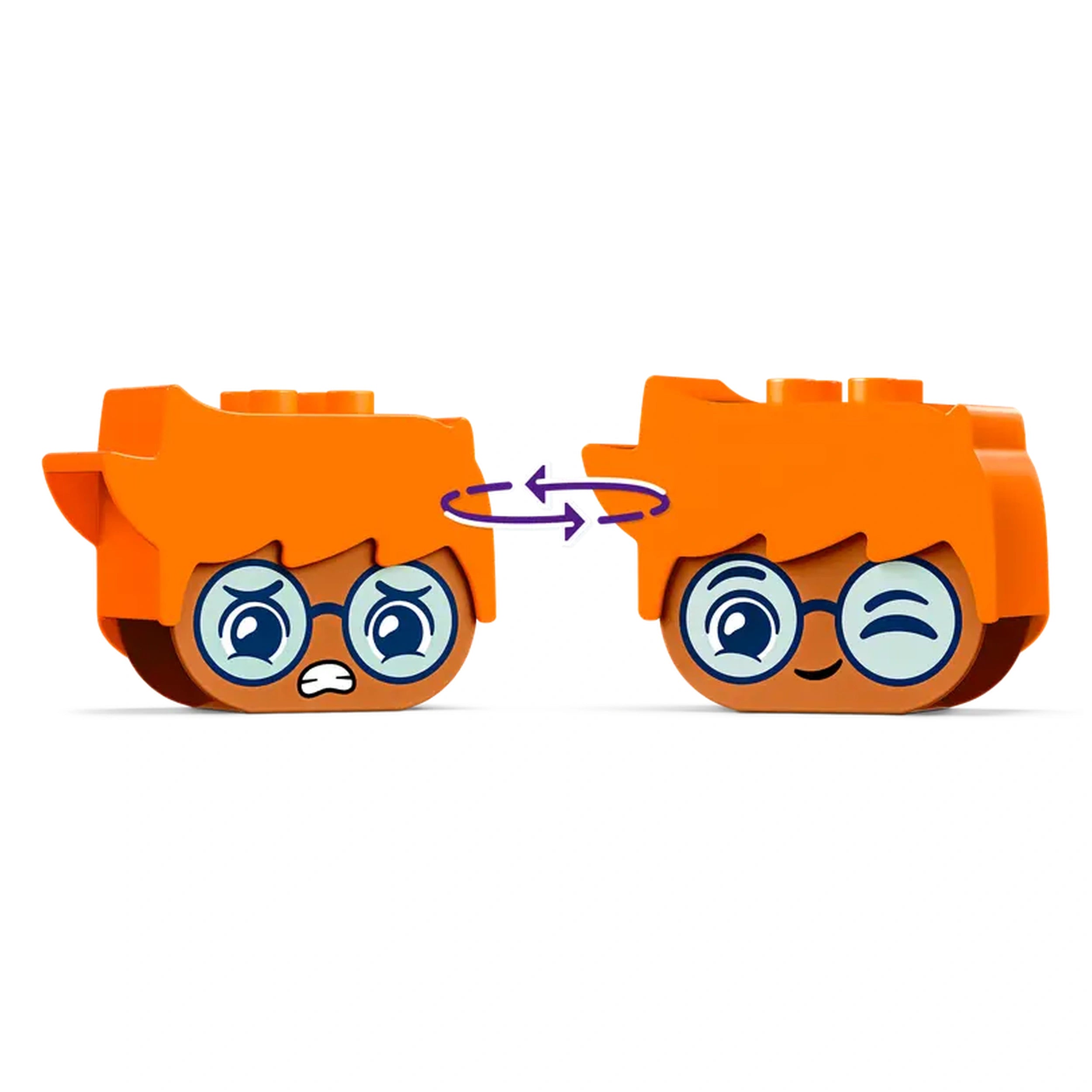 Two LEGO® DUPLO® character heads with vibrant orange hair and glasses, showcasing a worried face on the left and a happy face on the right, demonstrating emotional expression.