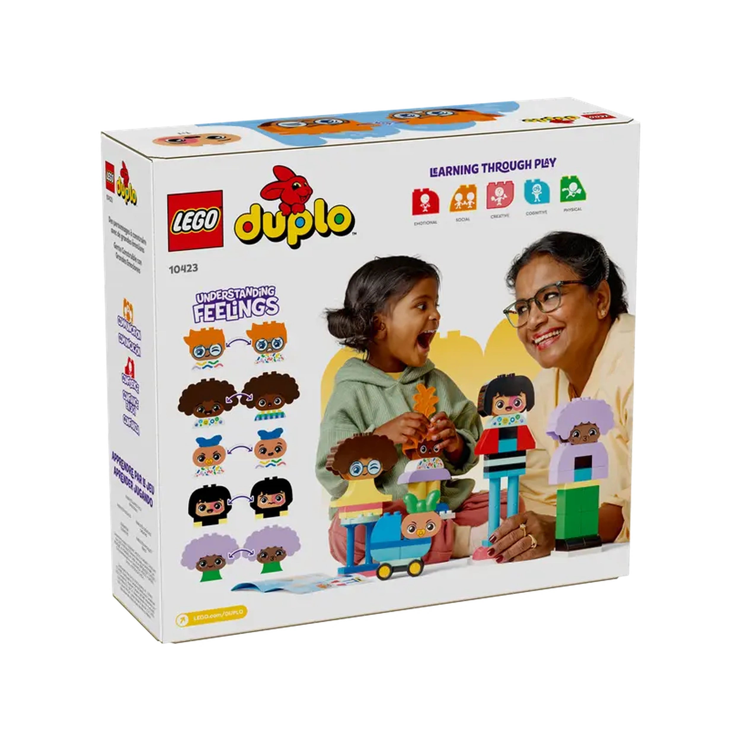 LEGO® DUPLO® Town Buildable People set packaging featuring a girl and grandmother smiling while playing. The box showcases vibrant characters, emphasizing emotional understanding and creativity.
