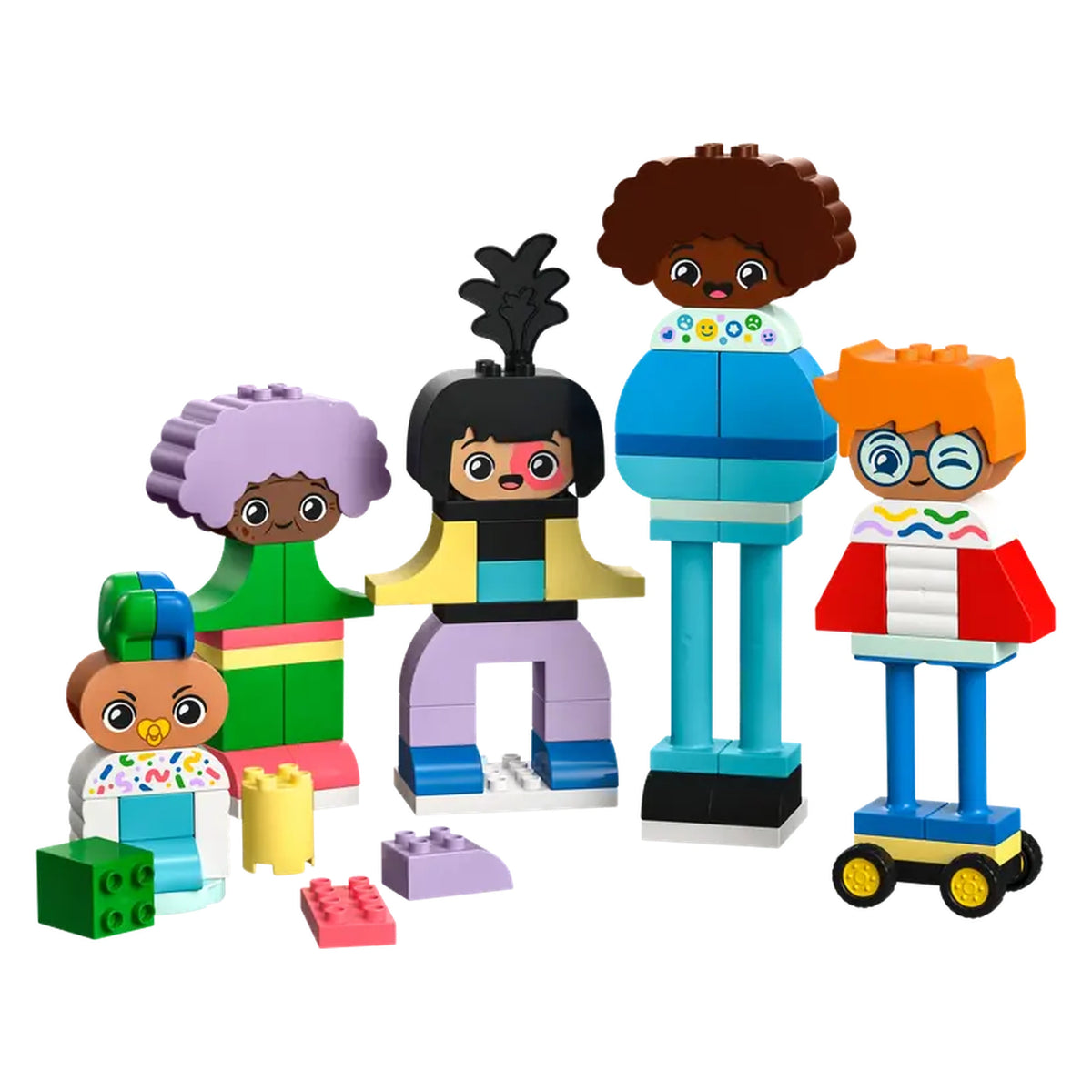 Colorful LEGO® DUPLO® characters showcasing diverse emotions, including five buildable figures and assorted colorful bricks for creative play.